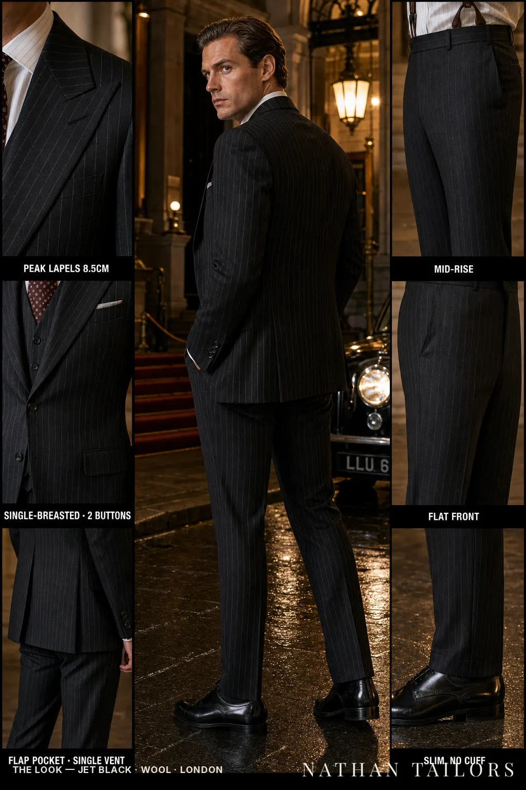 jet black chalk stripe single-breasted peak-lapel bespoke suit — AI-rendered by Nathan Tailors, the Hoi An custom tailor. Available as a custom tailored suit from $149.