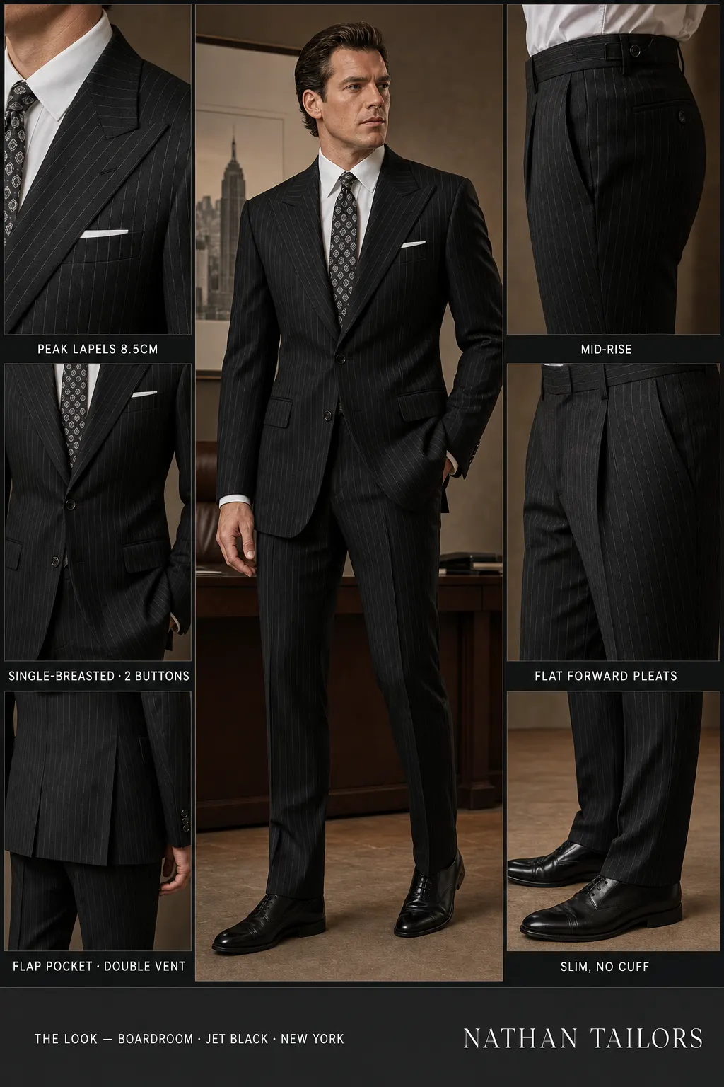 jet black chalk stripe single-breasted peak-lapel bespoke suit — AI-rendered by Nathan Tailors, the Hoi An custom tailor. Available as a custom tailored suit from $149.