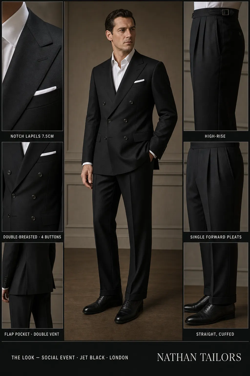 jet black double-breasted notch-lapel bespoke suit — AI-rendered by Nathan Tailors, the Hoi An custom tailor. Available as a custom tailored suit from $149.