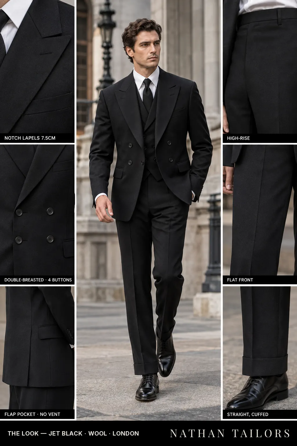 jet black double-breasted bespoke suit — custom tailored by Nathan Tailors, the Hoi An custom tailor