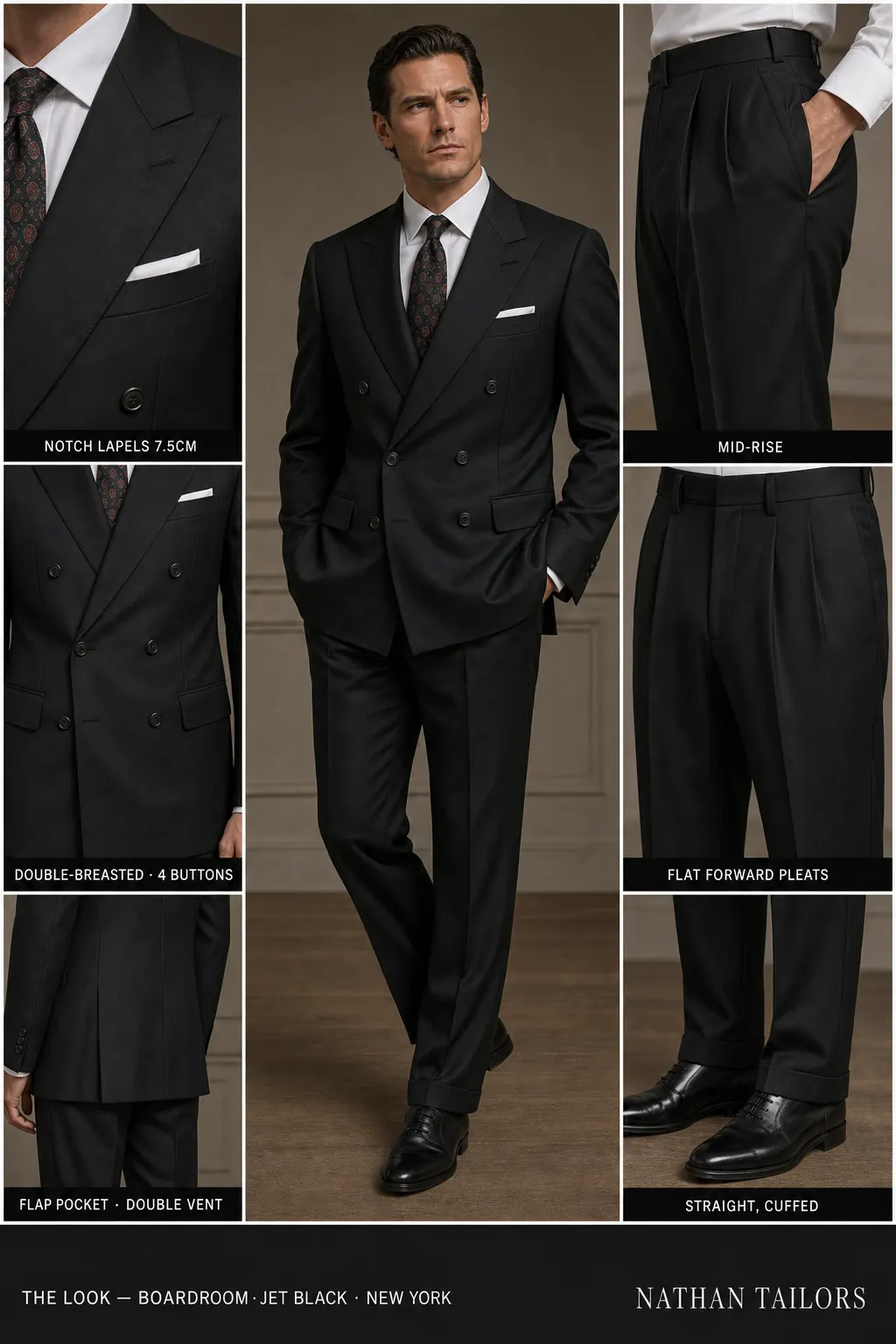 jet black double-breasted notch-lapel bespoke suit โ AI-rendered by Nathan Tailors, the Hoi An custom tailor. Available as a custom tailored suit from $149.
