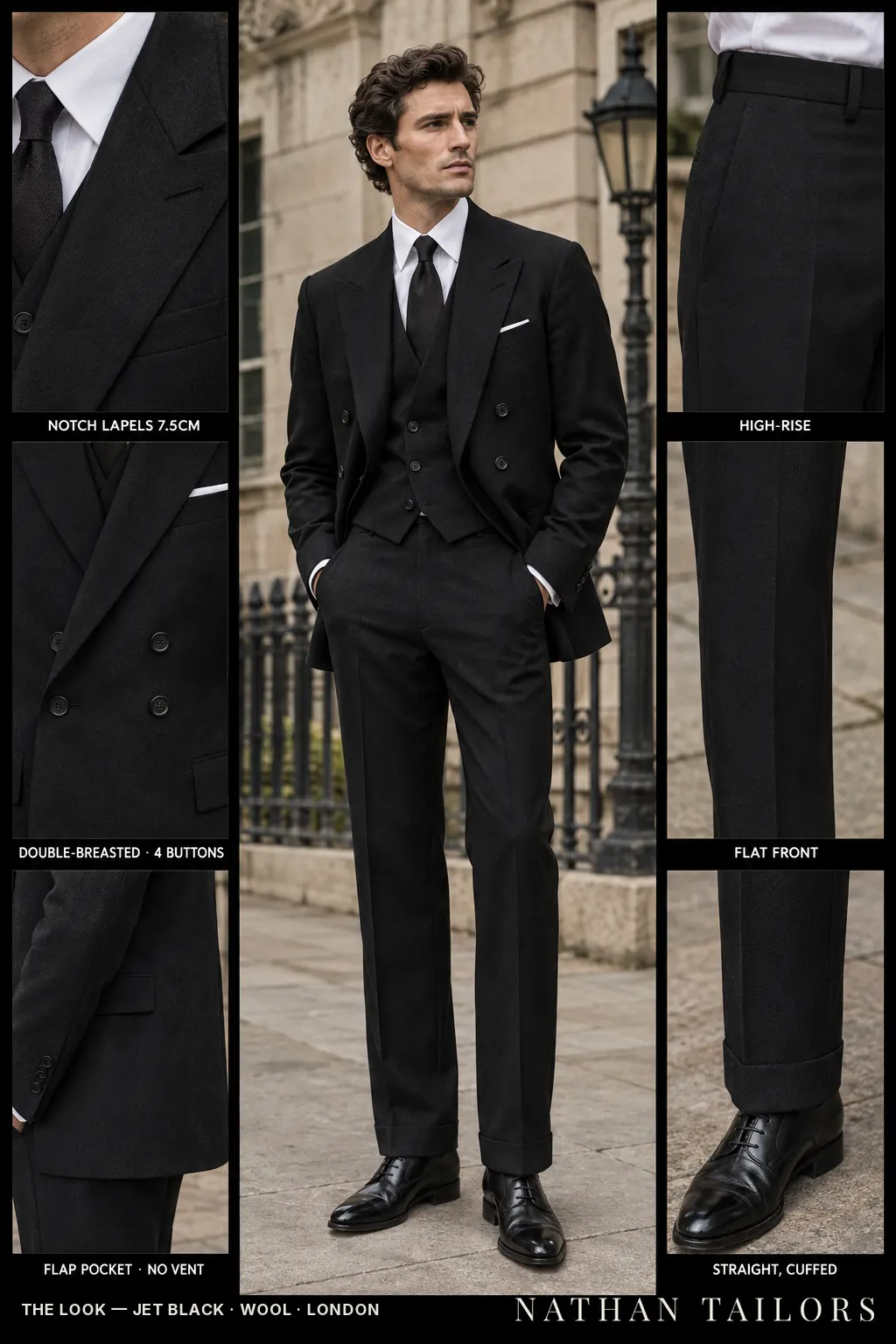 jet black double-breasted bespoke suit — custom tailored by Nathan Tailors, the Hoi An custom tailor