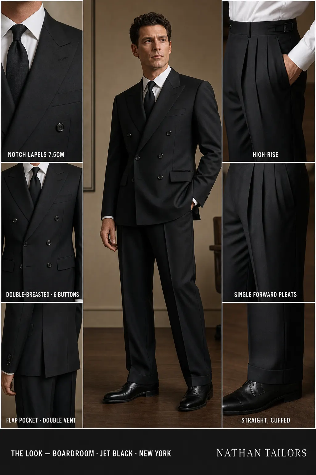 jet black double-breasted notch-lapel bespoke suit — AI-rendered by Nathan Tailors, the Hoi An custom tailor. Available as a custom tailored suit from $149.