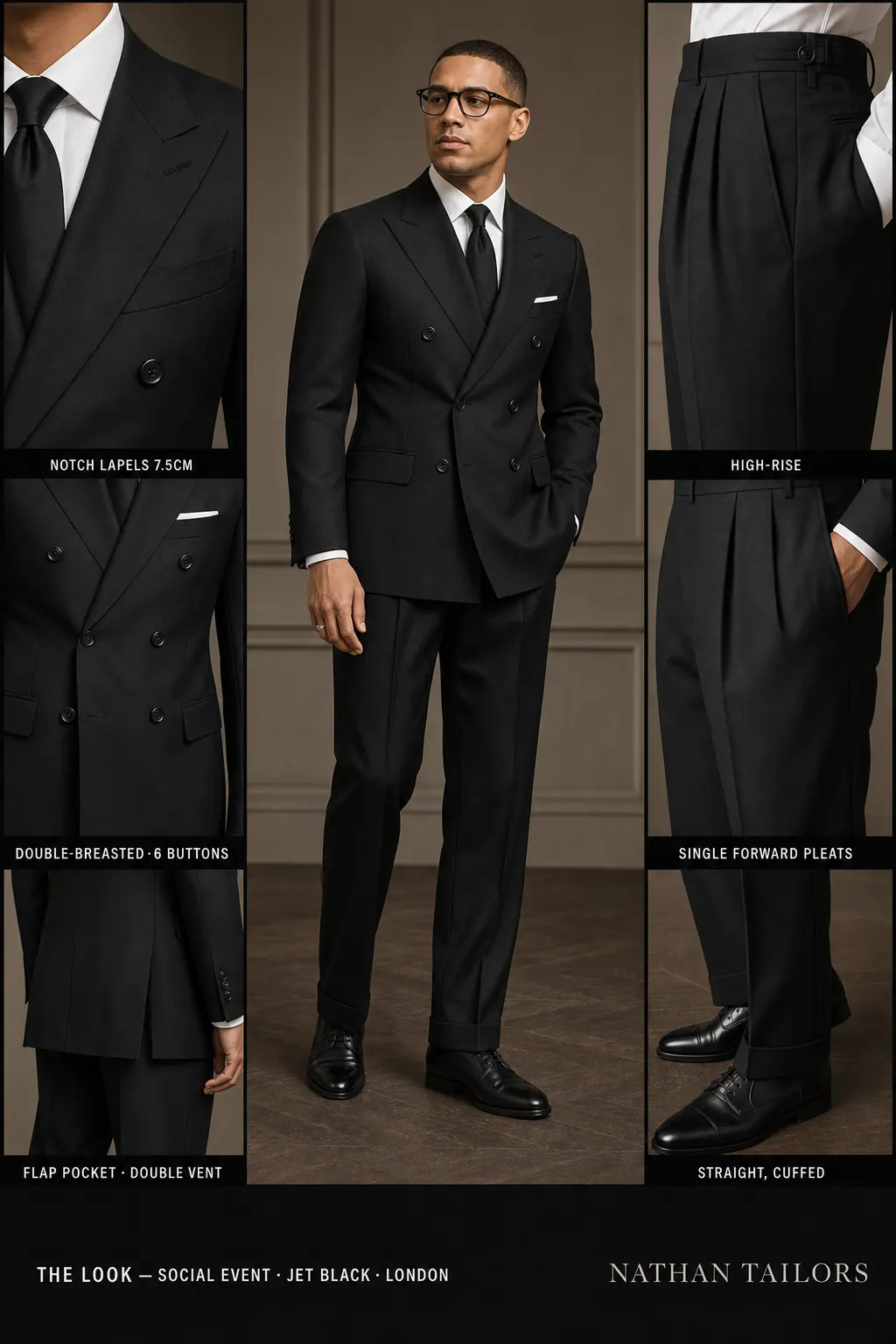 jet black double-breasted notch-lapel bespoke suit — AI-rendered by Nathan Tailors, the Hoi An custom tailor. Available as a custom tailored suit from $149.