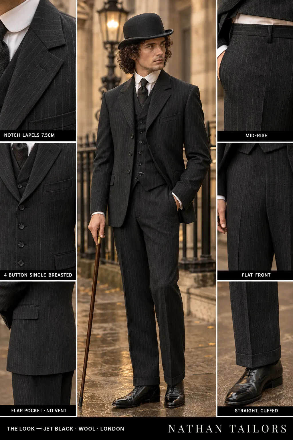 jet black double-breasted bespoke suit — custom tailored by Nathan Tailors, the Hoi An custom tailor