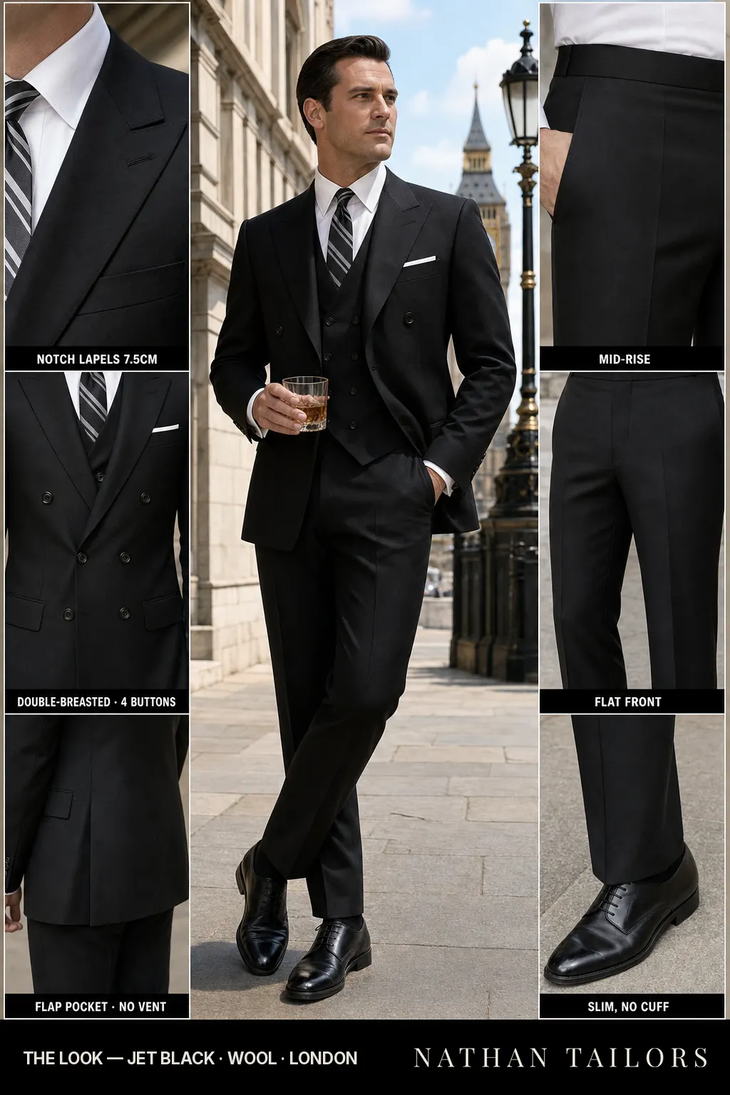 jet black double-breasted notch-lapel bespoke suit โ AI-rendered by Nathan Tailors, the Hoi An custom tailor. Available as a custom tailored suit from $149.