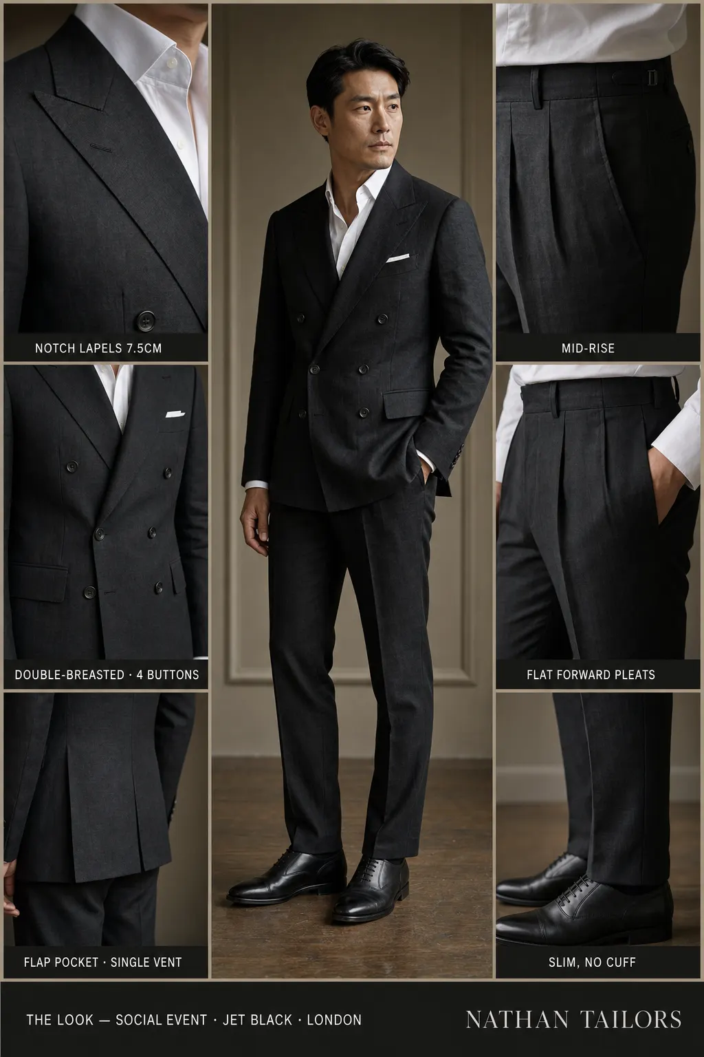 jet black double-breasted notch-lapel bespoke suit โ AI-rendered by Nathan Tailors, the Hoi An custom tailor. Available as a custom tailored suit from $149.