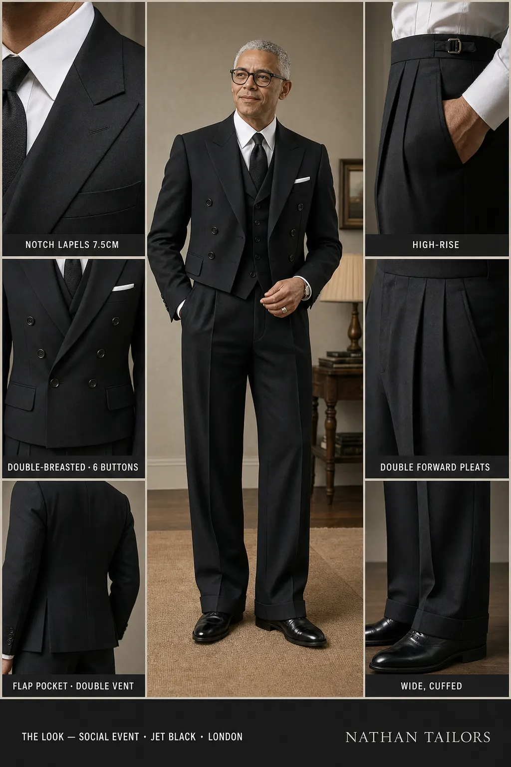 jet black double-breasted notch-lapel bespoke suit โ AI-rendered by Nathan Tailors, the Hoi An custom tailor. Available as a custom tailored suit from $149.