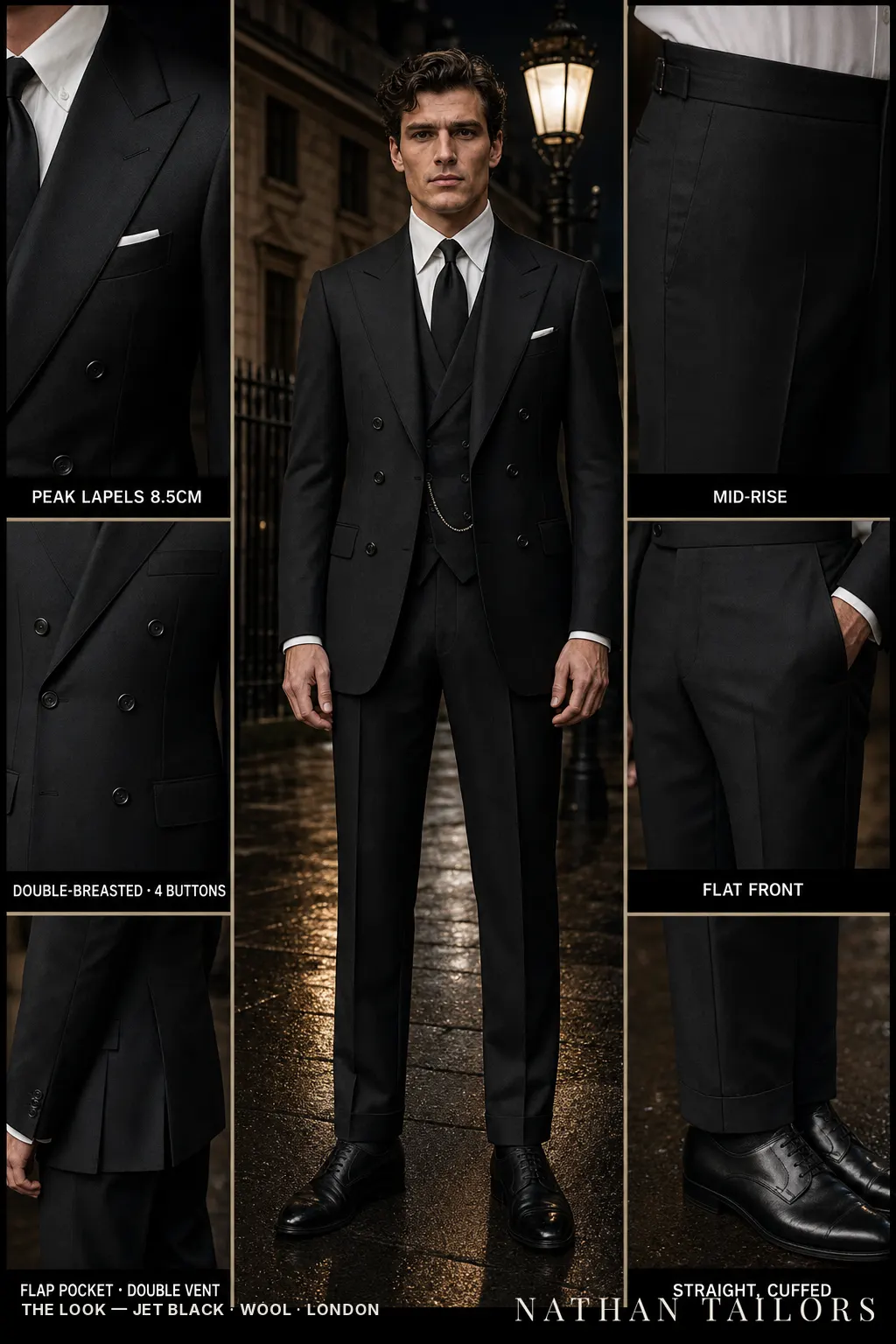 jet black double-breasted peak-lapel bespoke suit โ AI-rendered by Nathan Tailors, the Hoi An custom tailor. Available as a custom tailored suit from $149.