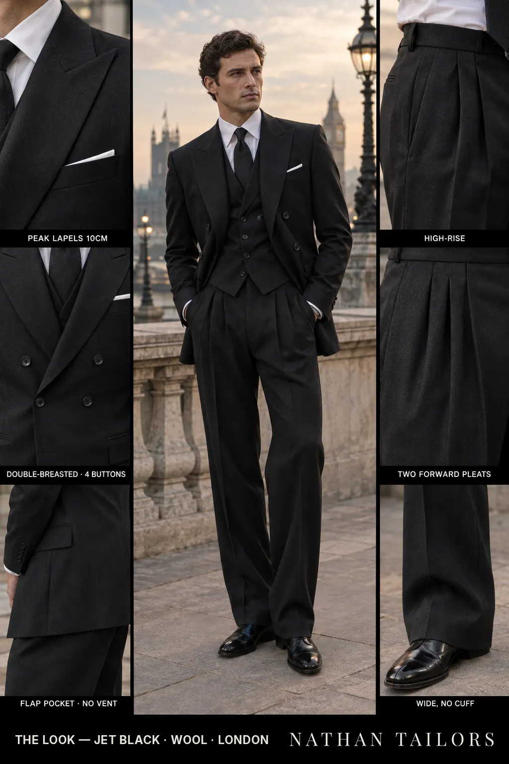 jet black double-breasted peak-lapel bespoke suit โ AI-rendered by Nathan Tailors, the Hoi An custom tailor. Available as a custom tailored suit from $169.