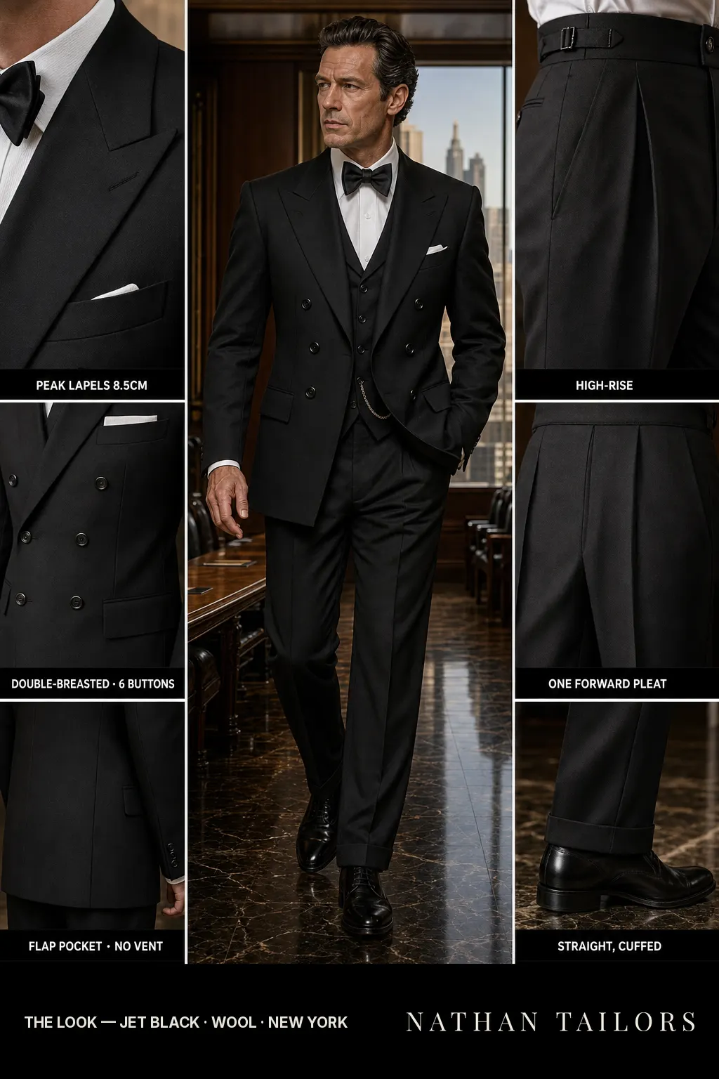 jet black double-breasted bespoke suit — custom tailored by Nathan Tailors, the Hoi An custom tailor