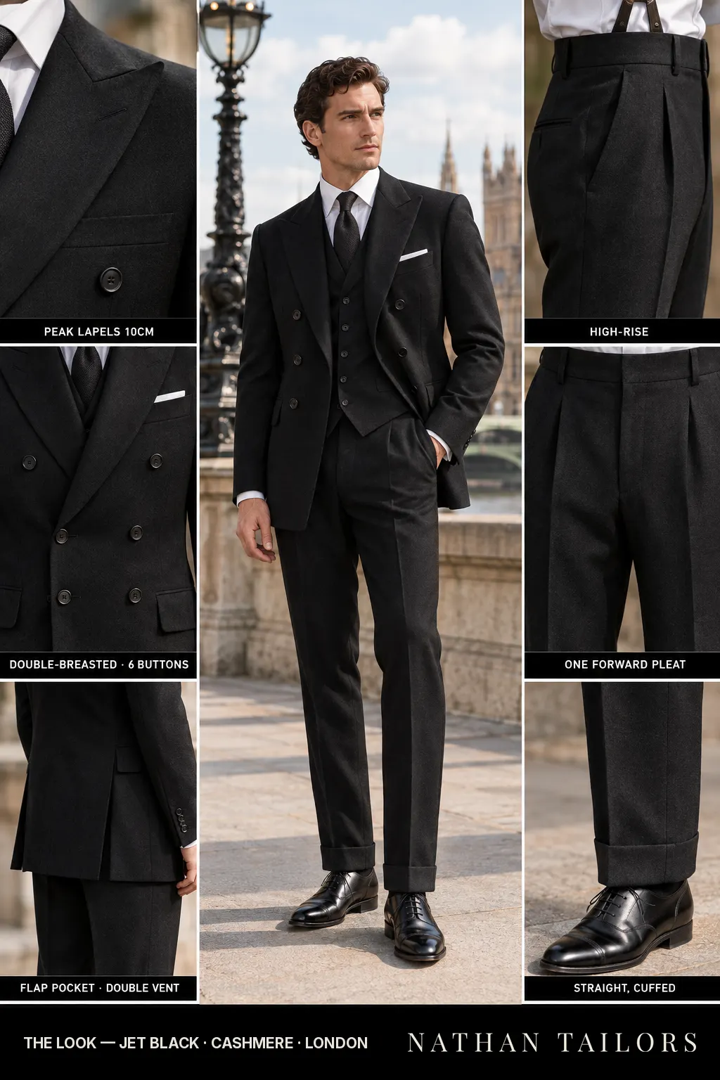 jet black double-breasted peak-lapel bespoke suit — AI-rendered by Nathan Tailors, the Hoi An custom tailor. Available as a custom tailored suit from $169.