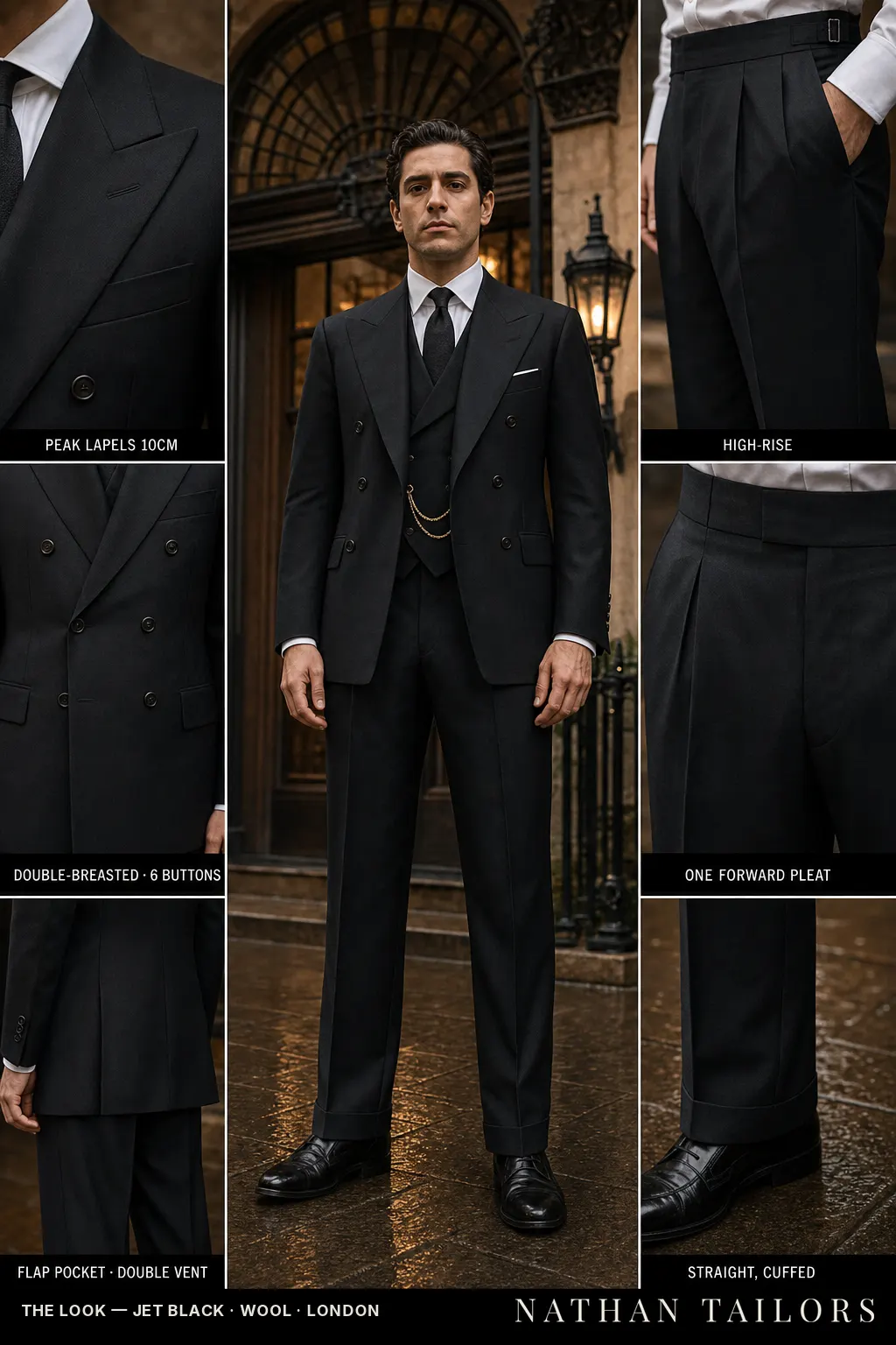 jet black double-breasted peak-lapel bespoke suit — AI-rendered by Nathan Tailors, the Hoi An custom tailor. Available as a custom tailored suit from $149.