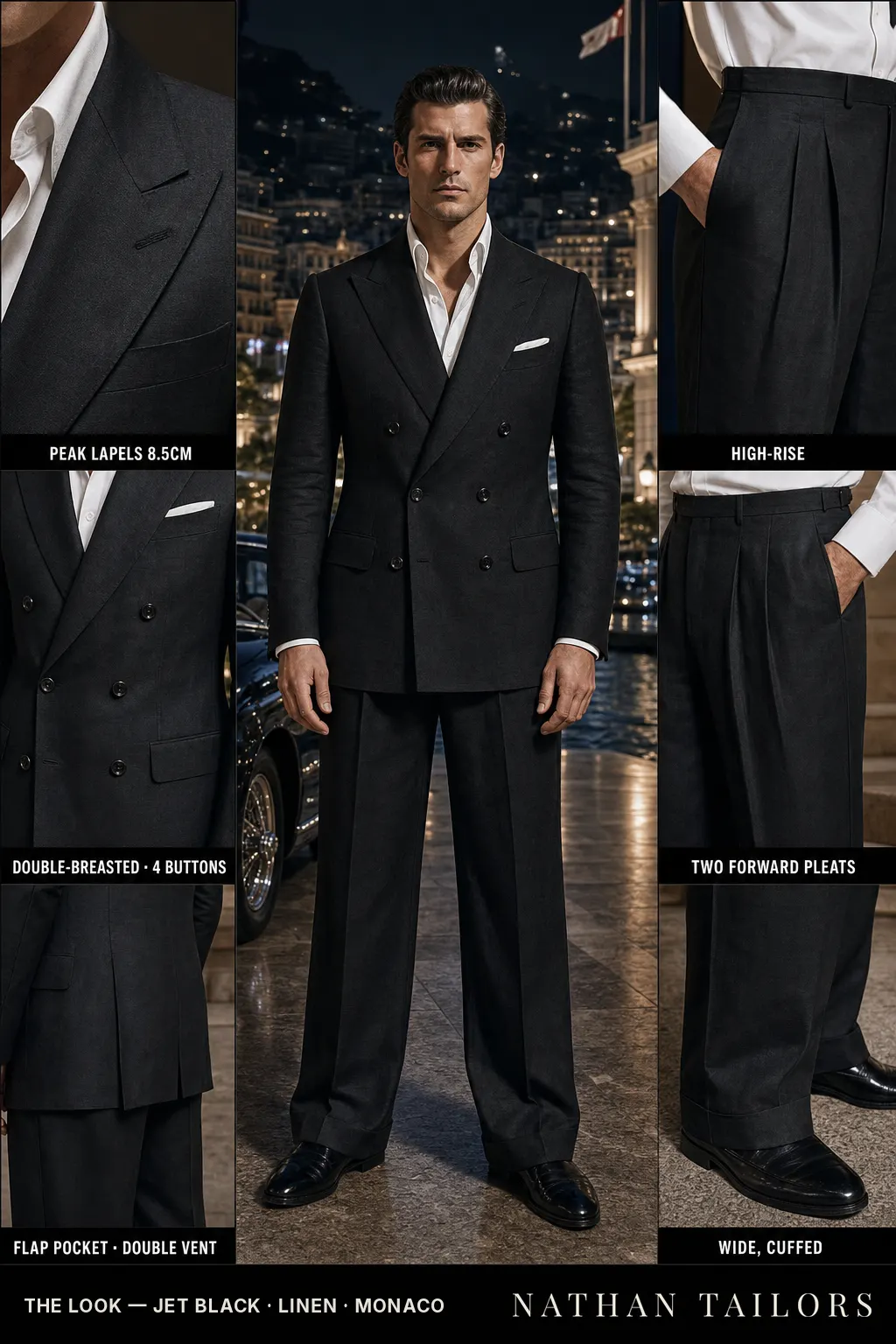 jet black double-breasted peak-lapel bespoke suit — AI-rendered by Nathan Tailors, the Hoi An custom tailor. Available as a custom tailored suit from $149.