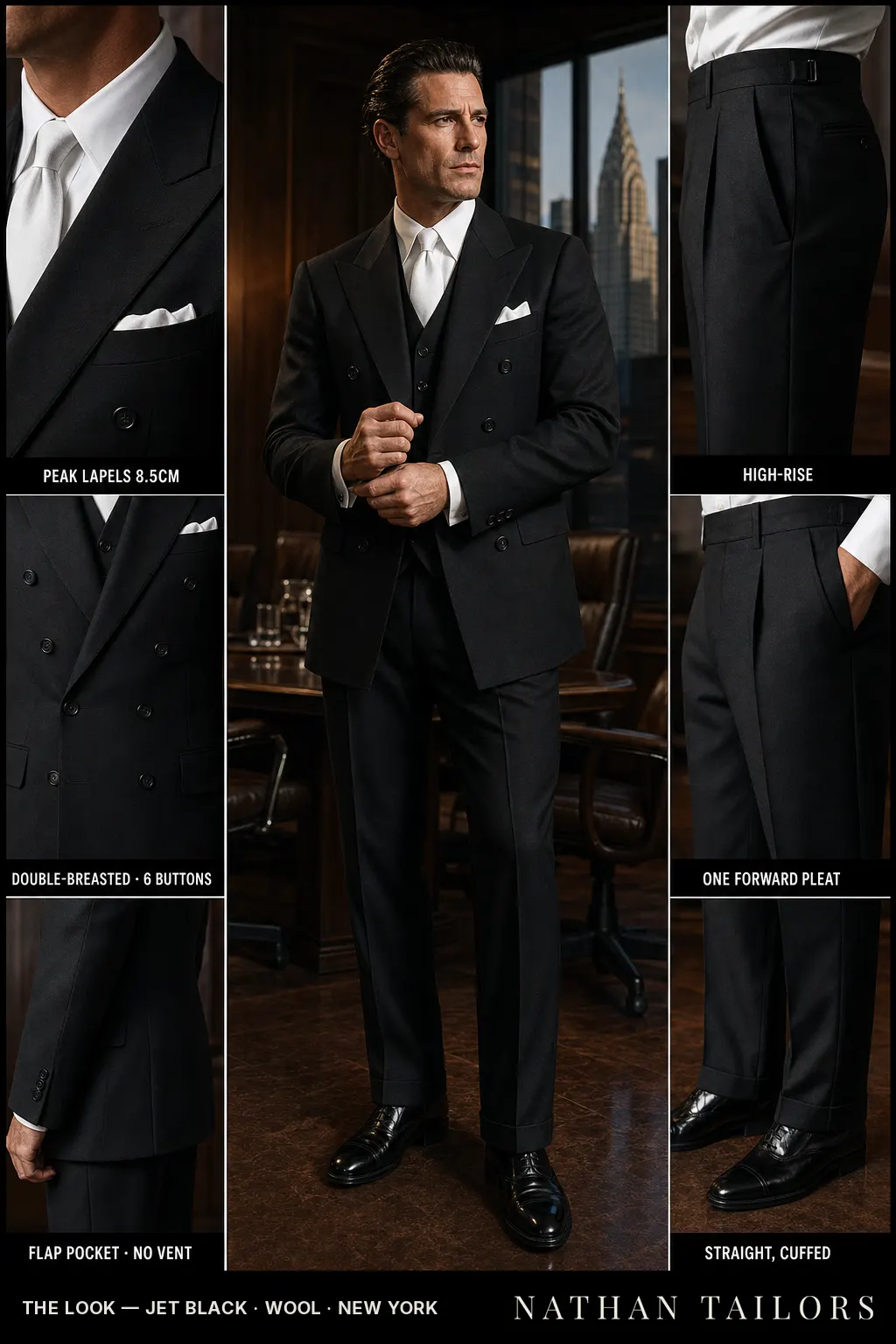 jet black double-breasted bespoke suit — custom tailored by Nathan Tailors, the Hoi An custom tailor