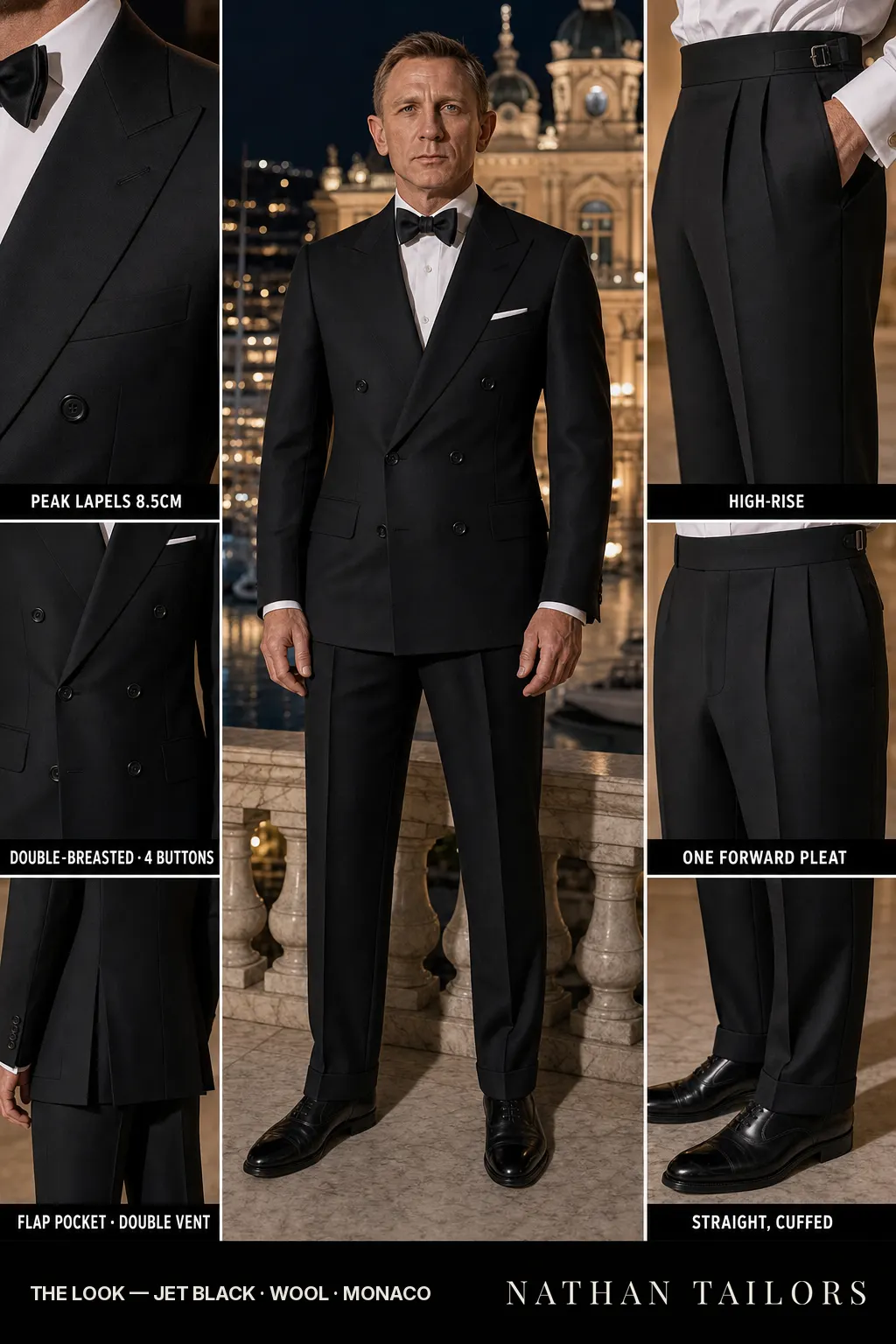 jet black double-breasted peak-lapel bespoke suit โ AI-rendered by Nathan Tailors, the Hoi An custom tailor. Available as a custom tailored suit from $149.