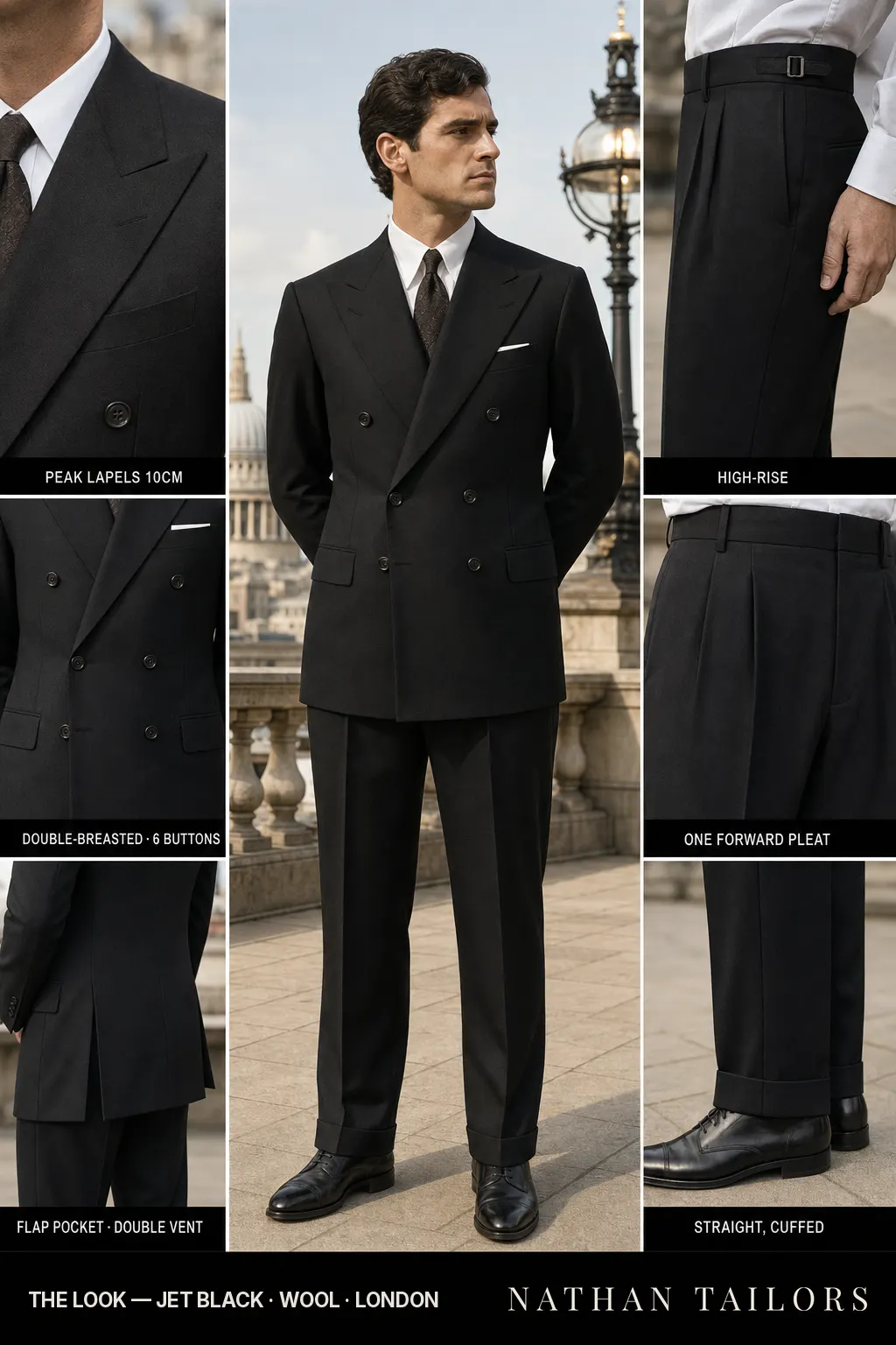 jet black double-breasted peak-lapel bespoke suit โ AI-rendered by Nathan Tailors, the Hoi An custom tailor. Available as a custom tailored suit from $149.