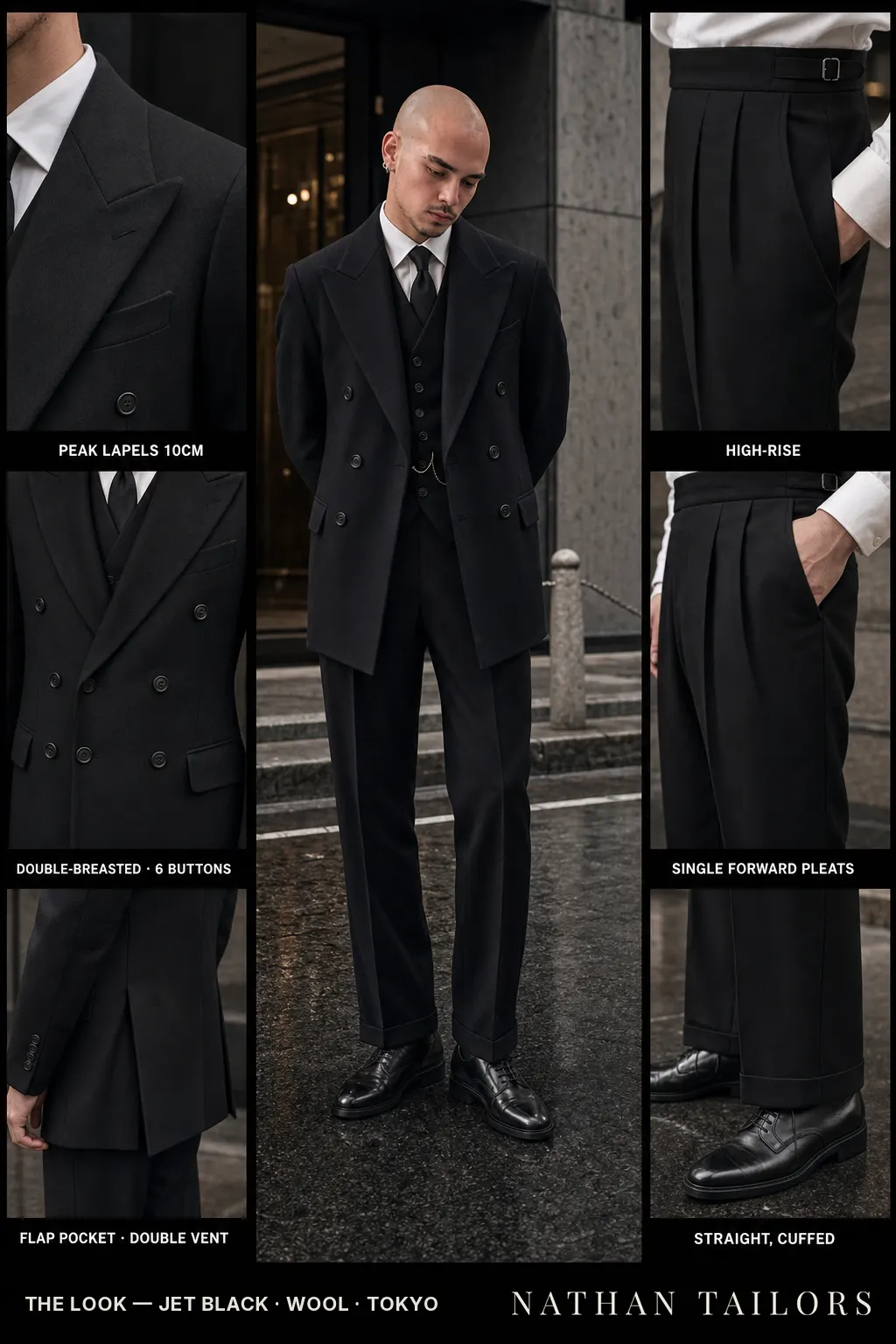 jet black double-breasted peak-lapel bespoke suit — AI-rendered by Nathan Tailors, the Hoi An custom tailor. Available as a custom tailored suit from $149.