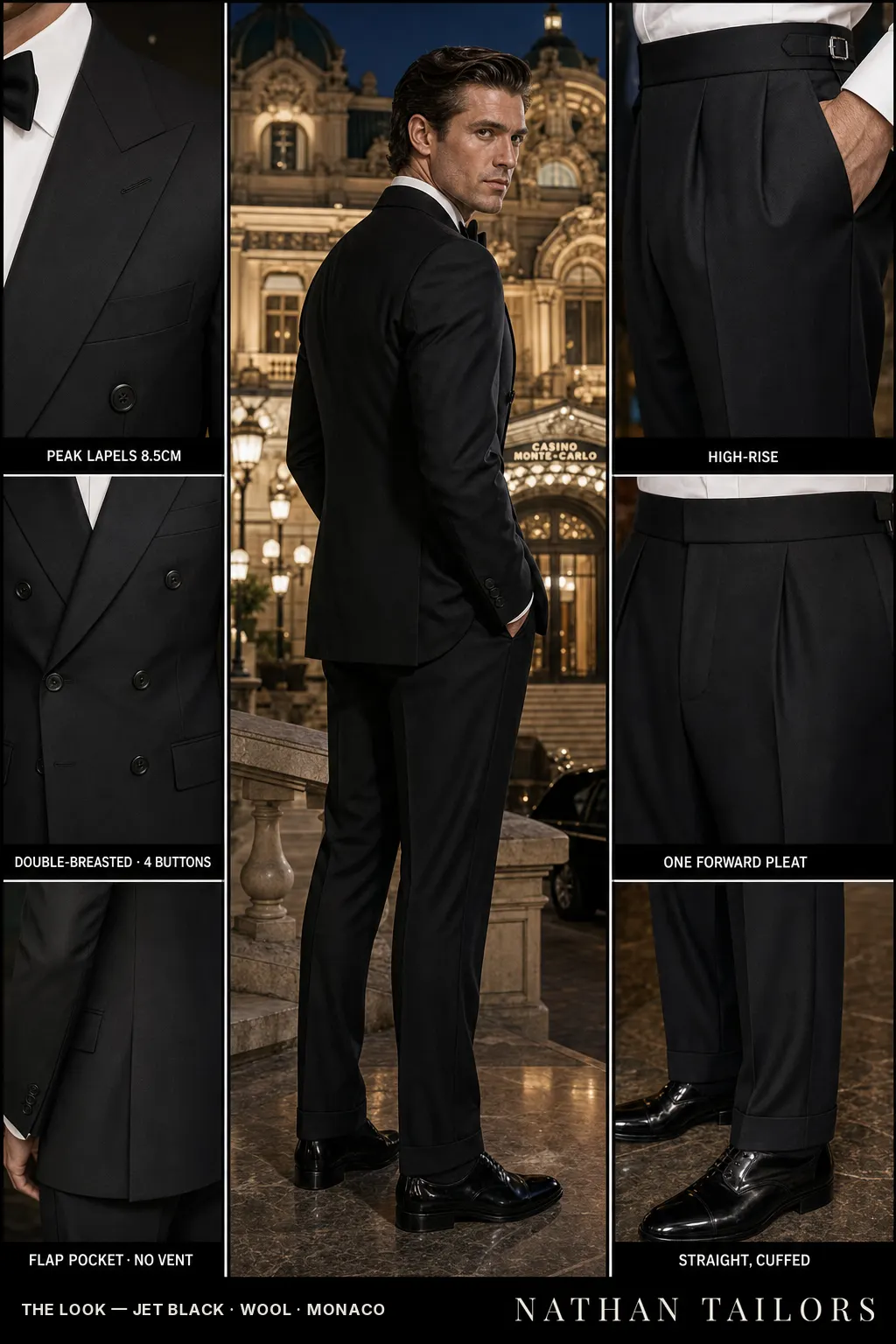jet black double-breasted bespoke suit — custom tailored by Nathan Tailors, the Hoi An custom tailor