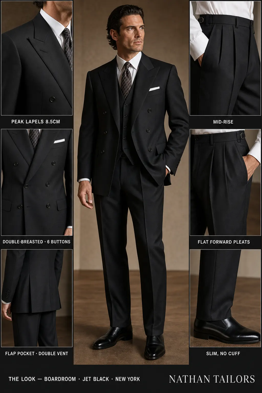 jet black double-breasted peak-lapel bespoke suit — AI-rendered by Nathan Tailors, the Hoi An custom tailor. Available as a custom tailored suit from $149.