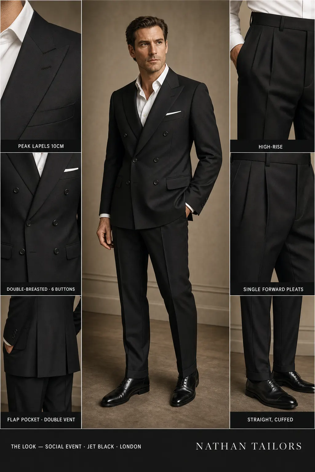 jet black double-breasted peak-lapel bespoke suit โ AI-rendered by Nathan Tailors, the Hoi An custom tailor. Available as a custom tailored suit from $149.