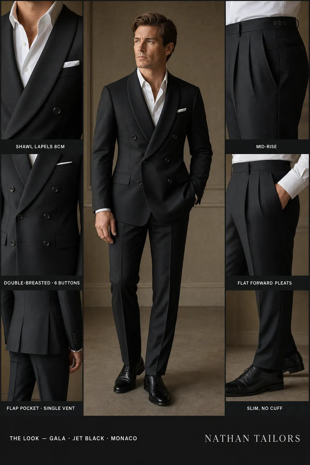 jet black double-breasted shawl-lapel bespoke suit — AI-rendered by Nathan Tailors, the Hoi An custom tailor. Available as a custom tailored suit from $149.