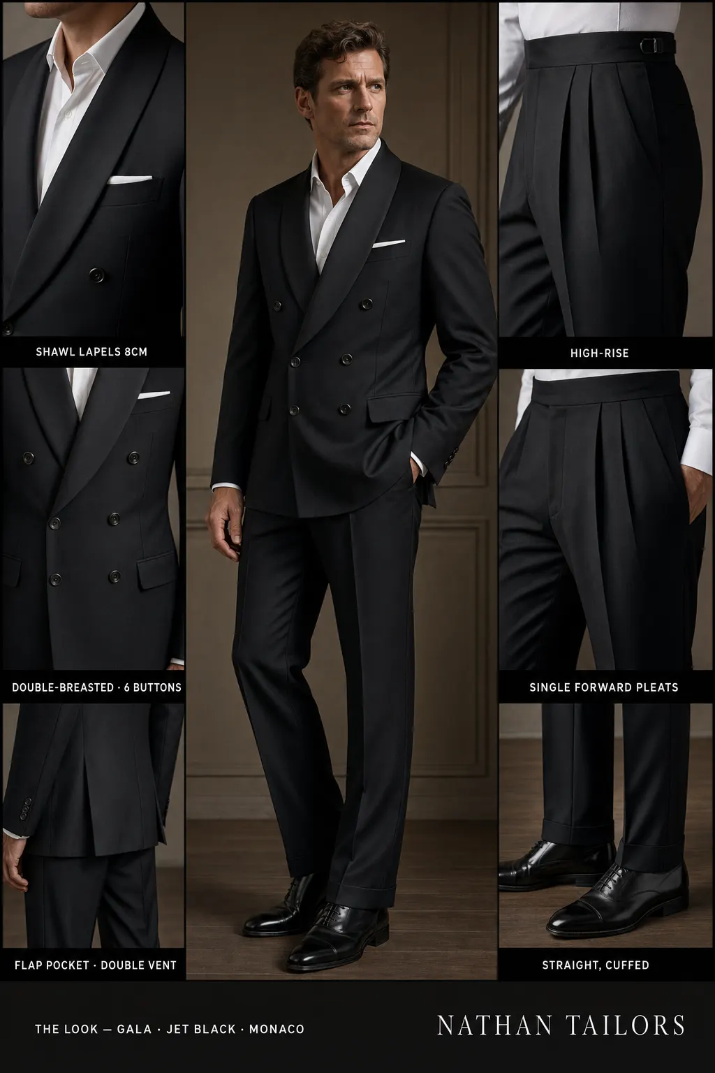 jet black double-breasted shawl-lapel bespoke suit — AI-rendered by Nathan Tailors, the Hoi An custom tailor. Available as a custom tailored suit from $149.