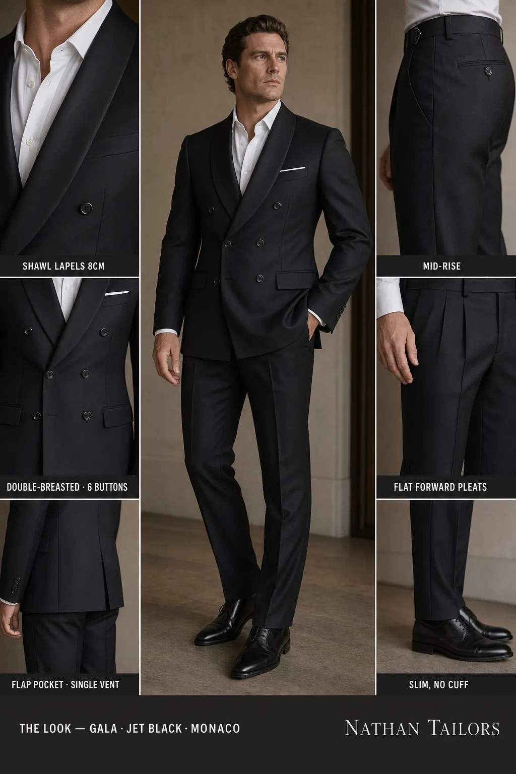 jet black double-breasted shawl-lapel bespoke suit — AI-rendered by Nathan Tailors, the Hoi An custom tailor. Available as a custom tailored suit from $149.