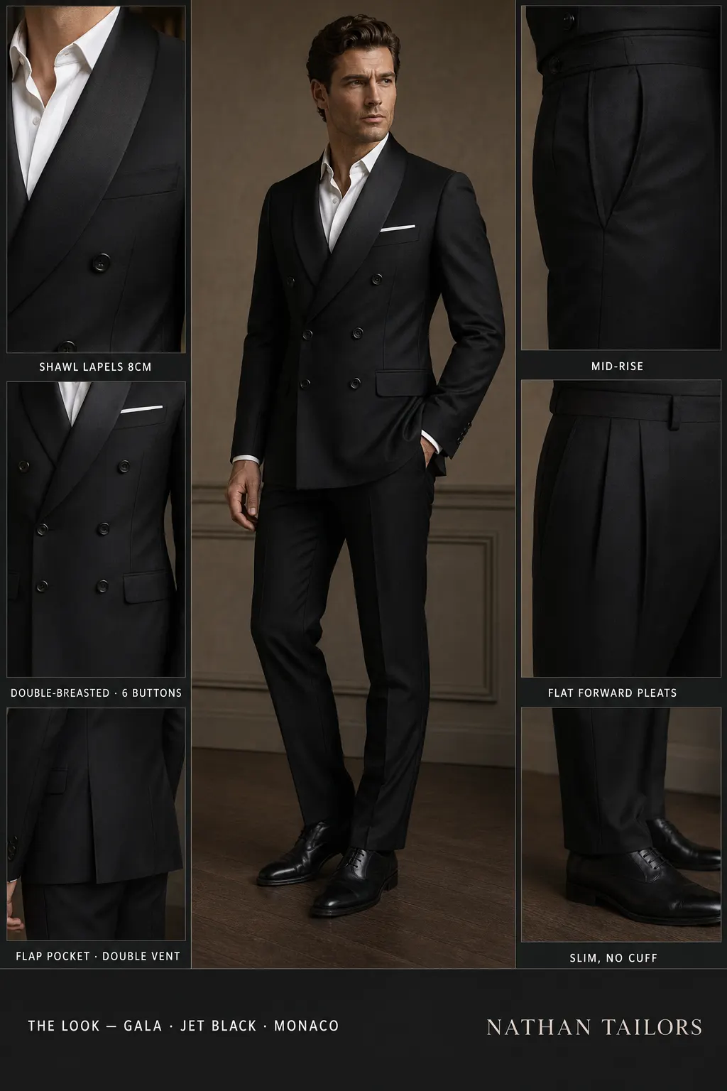 jet black double-breasted shawl-lapel bespoke suit — AI-rendered by Nathan Tailors, the Hoi An custom tailor. Available as a custom tailored suit from $149.