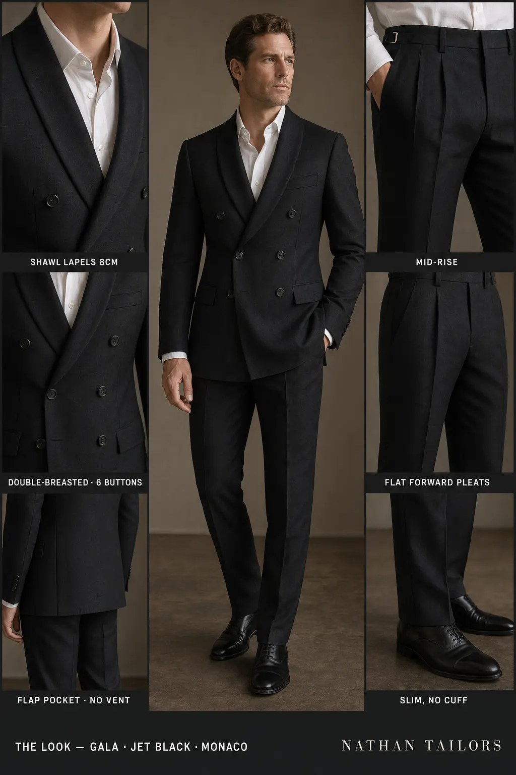 jet black double-breasted shawl-lapel bespoke suit — AI-rendered by Nathan Tailors, the Hoi An custom tailor. Available as a custom tailored suit from $149.