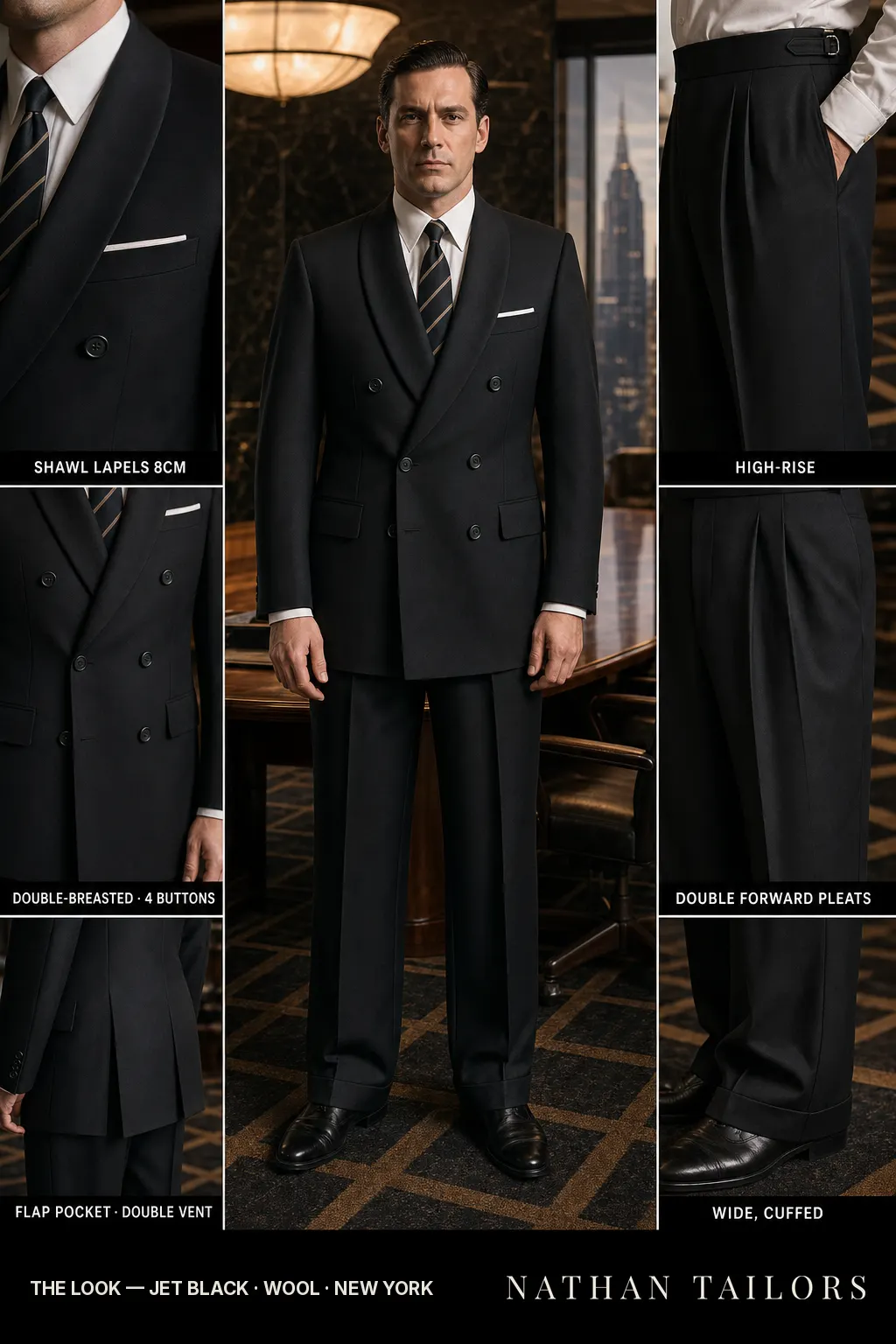 jet black double-breasted shawl-lapel bespoke suit — AI-rendered by Nathan Tailors, the Hoi An custom tailor. Available as a custom tailored suit from $149.