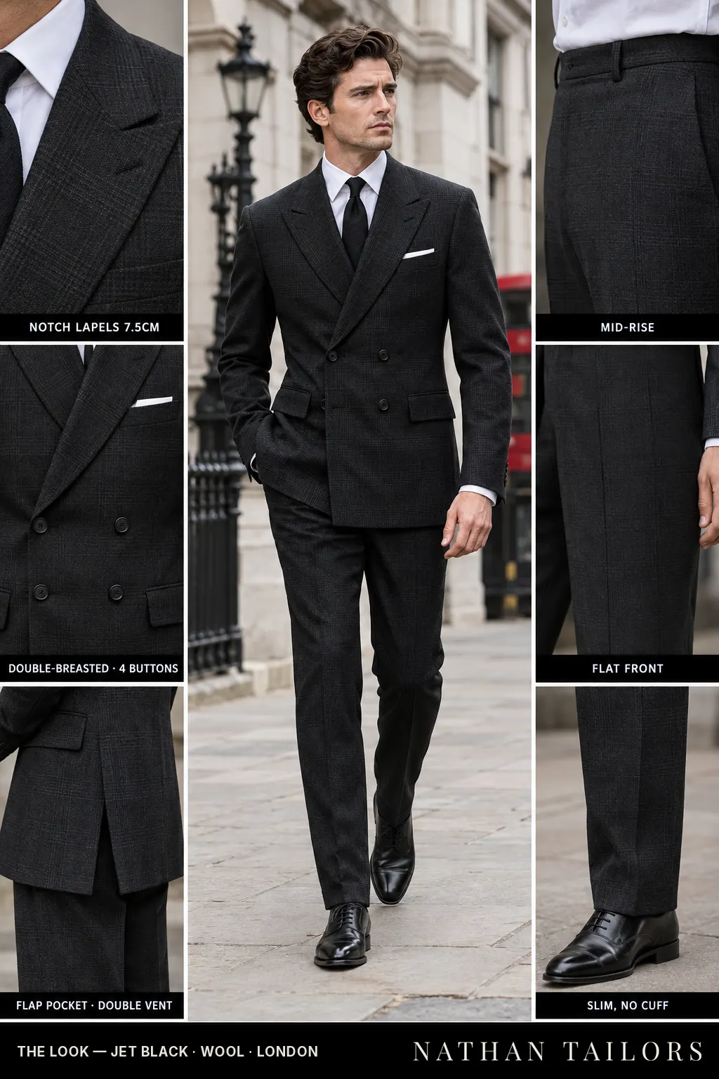 jet black glen_plaid double-breasted bespoke suit — custom tailored by Nathan Tailors, the Hoi An custom tailor