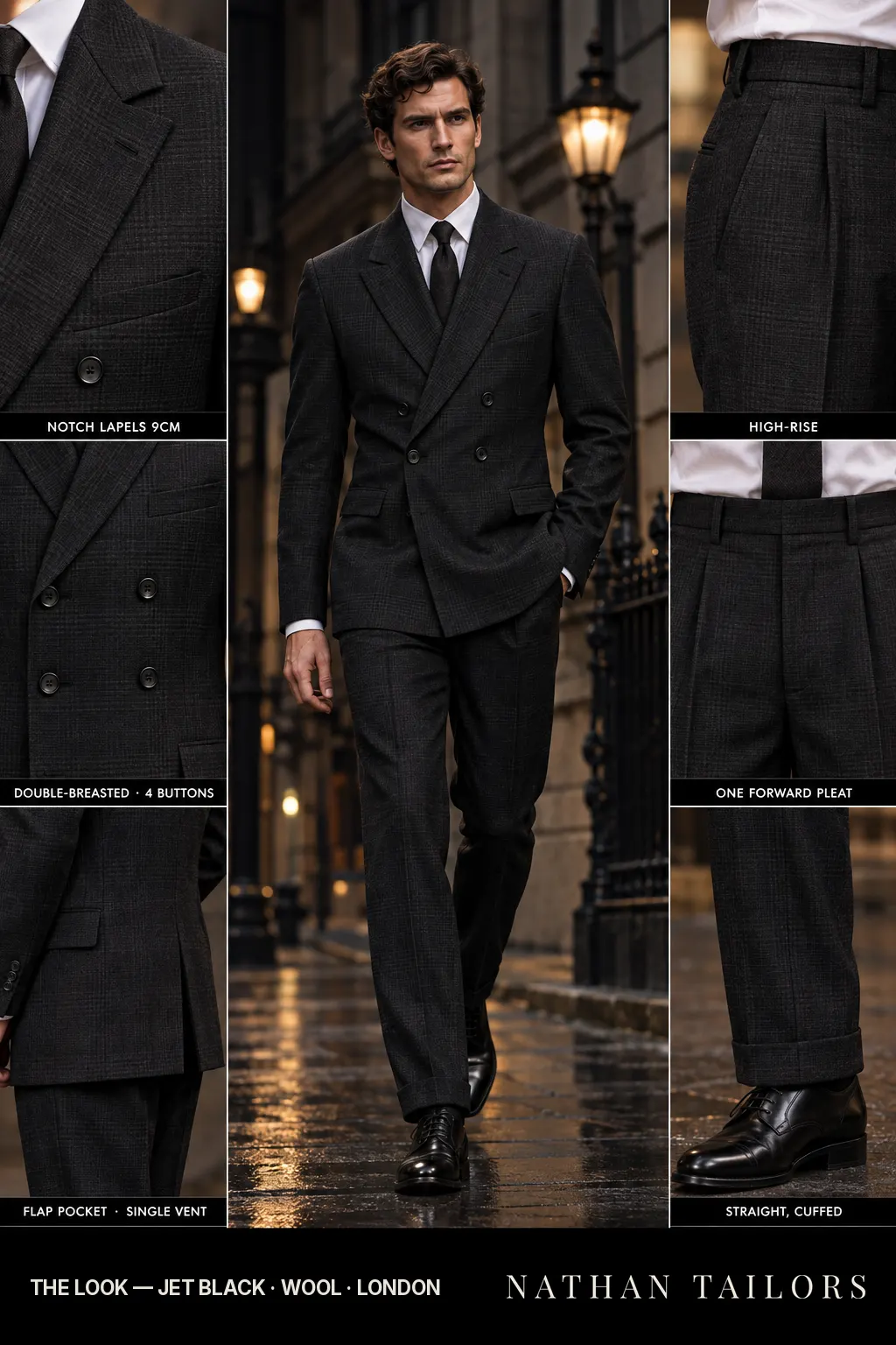jet black glen_plaid double-breasted bespoke suit — custom tailored by Nathan Tailors, the Hoi An custom tailor