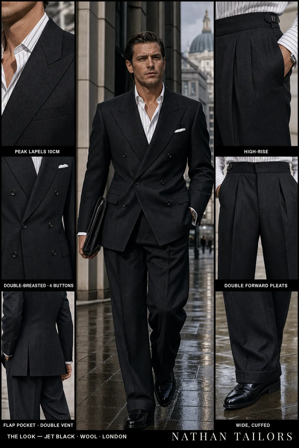 jet black glen plaid double-breasted peak-lapel bespoke suit — AI-rendered by Nathan Tailors, the Hoi An custom tailor. Available as a custom tailored suit from $149.
