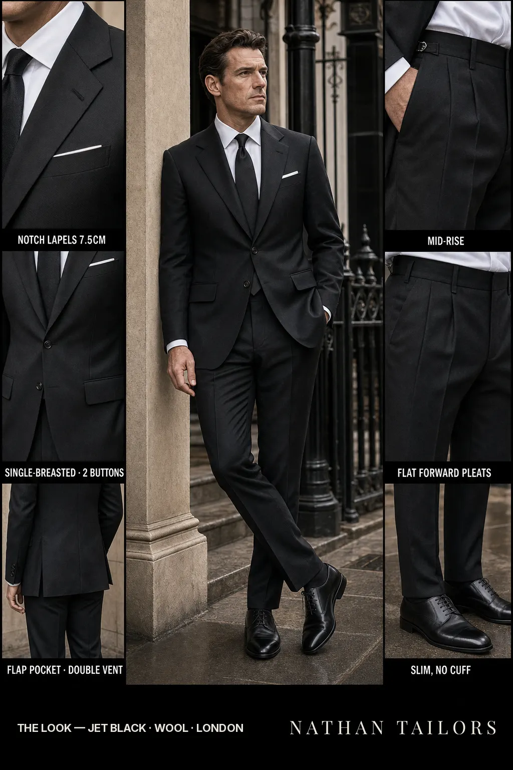 jet black glen plaid single-breasted notch-lapel bespoke suit — AI-rendered by Nathan Tailors, the Hoi An custom tailor. Available as a custom tailored suit from $149.