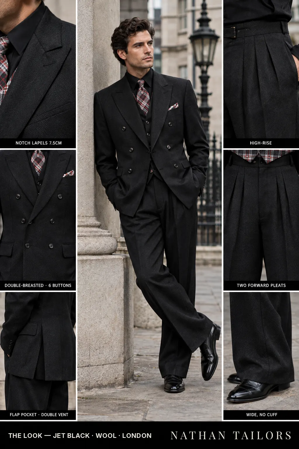 jet black herringbone double-breasted bespoke suit — custom tailored by Nathan Tailors, the Hoi An custom tailor