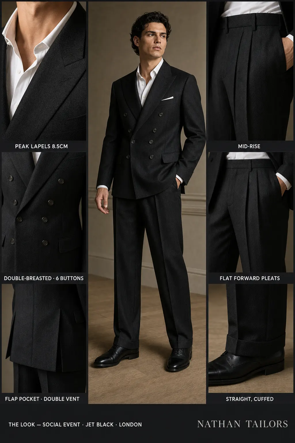 jet black herringbone double-breasted peak-lapel bespoke suit โ AI-rendered by Nathan Tailors, the Hoi An custom tailor. Available as a custom tailored suit from $149.