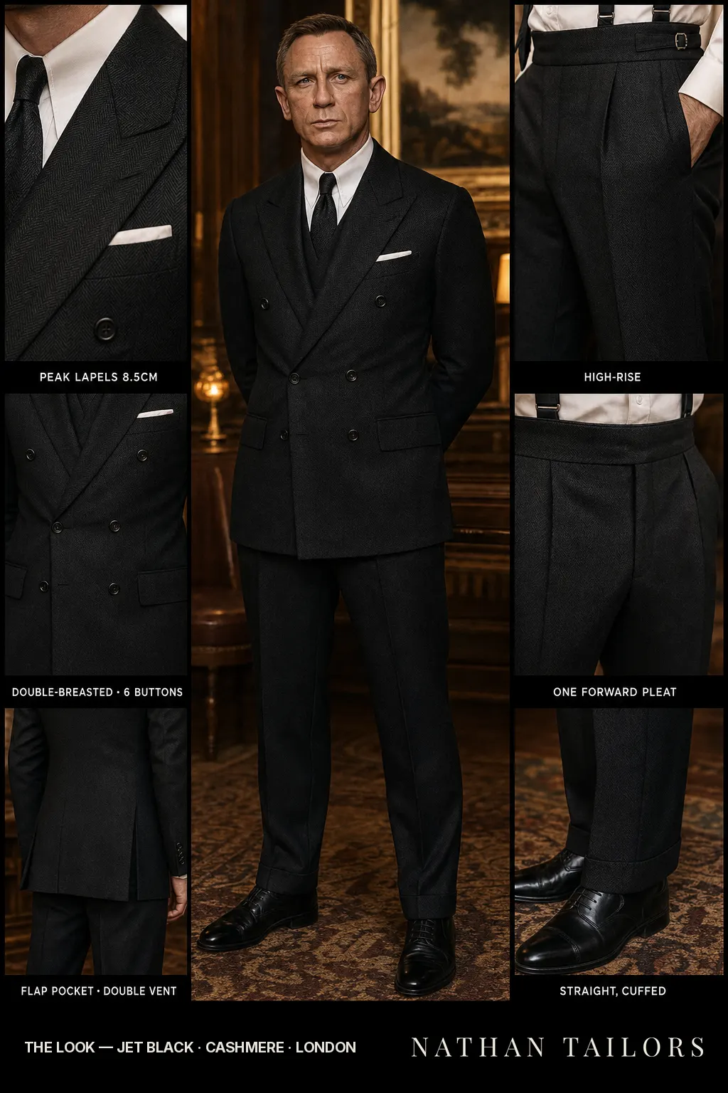 jet black herringbone double-breasted peak-lapel bespoke suit โ AI-rendered by Nathan Tailors, the Hoi An custom tailor. Available as a custom tailored suit from $149.
