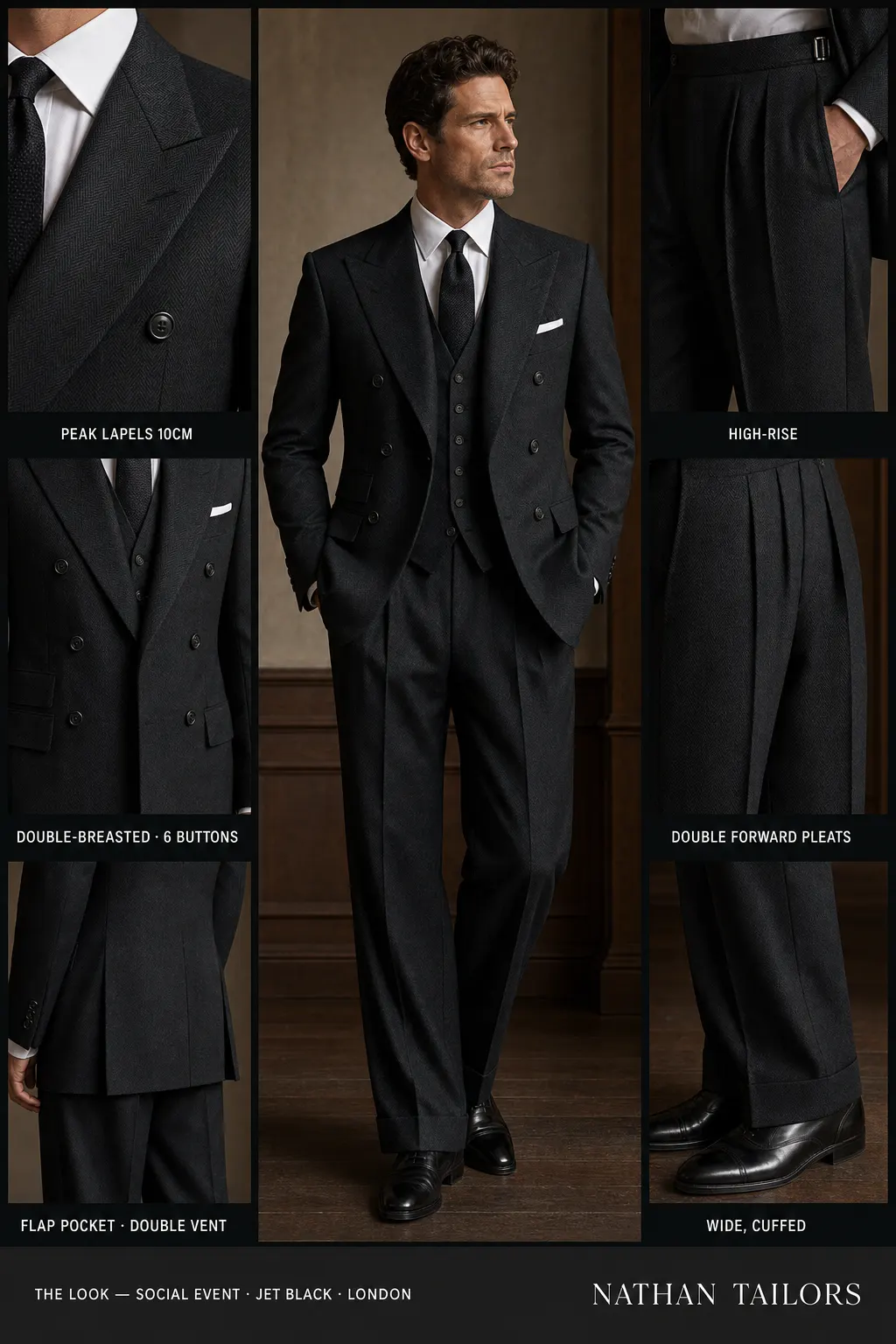 jet black herringbone double-breasted peak-lapel bespoke suit — AI-rendered by Nathan Tailors, the Hoi An custom tailor. Available as a custom tailored suit from $149.