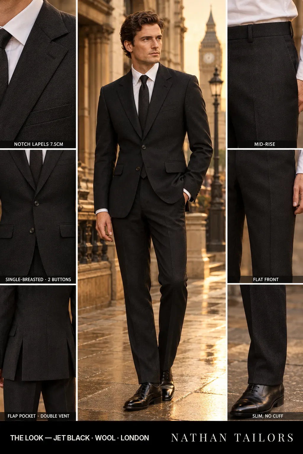 jet black herringbone single-breasted bespoke suit โ custom tailored by Nathan Tailors, the Hoi An custom tailor