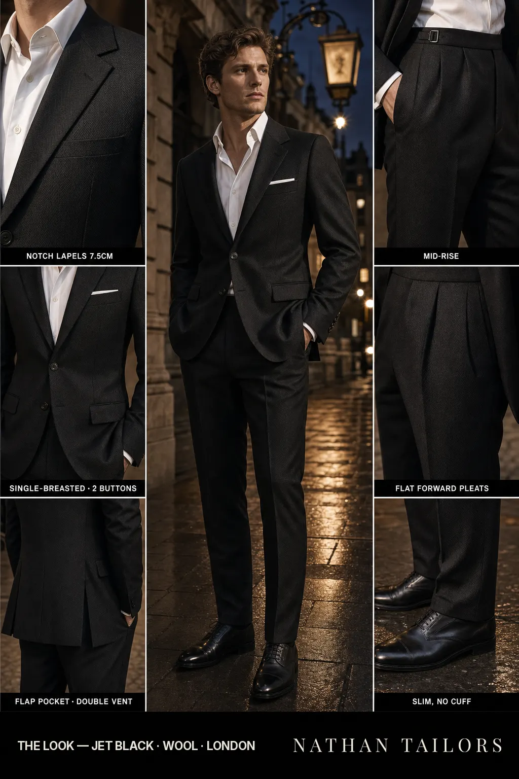 jet black herringbone single-breasted notch-lapel bespoke suit โ AI-rendered by Nathan Tailors, the Hoi An custom tailor. Available as a custom tailored suit from $149.