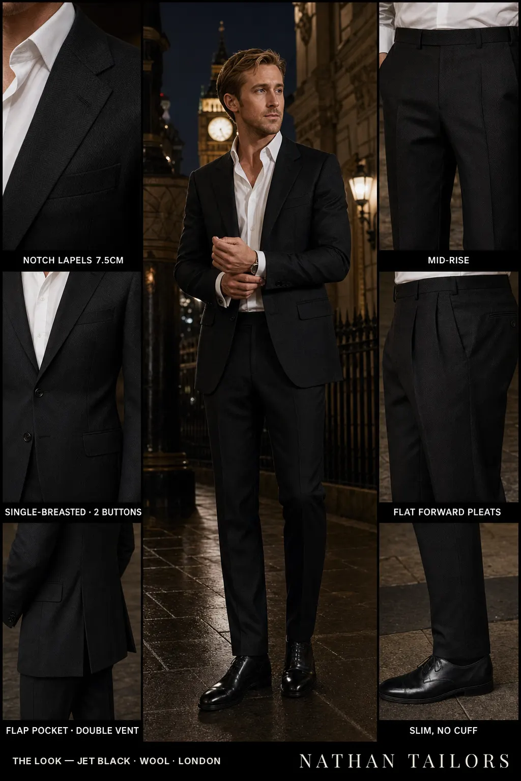 jet black herringbone single-breasted notch-lapel bespoke suit — AI-rendered by Nathan Tailors, the Hoi An custom tailor. Available as a custom tailored suit from $149.