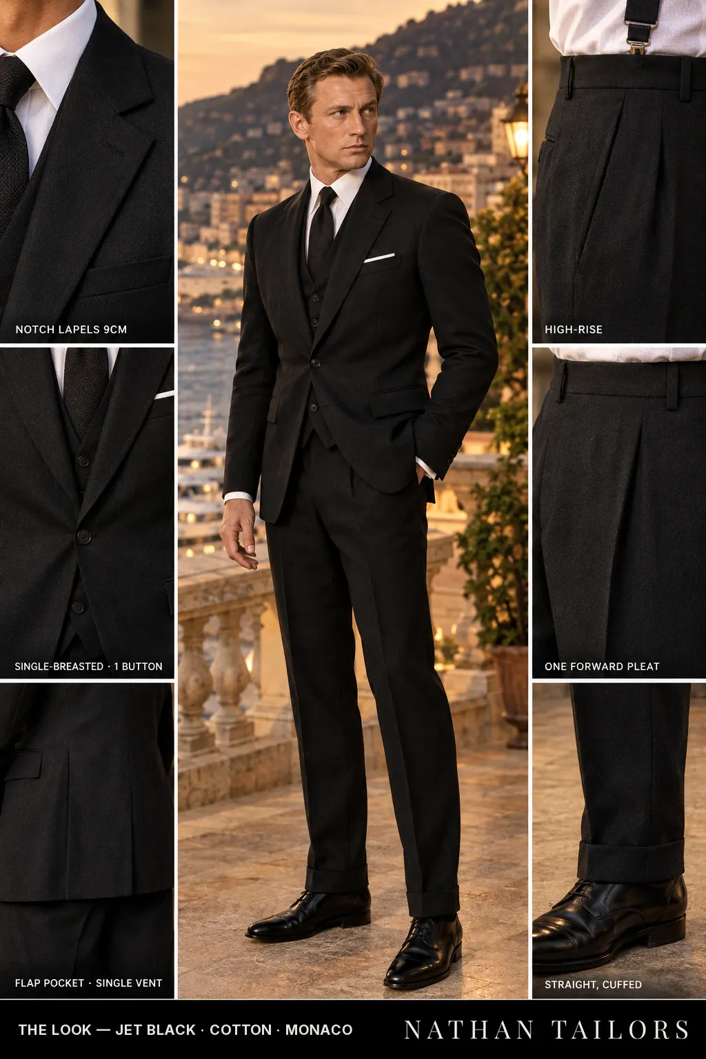 jet black herringbone single-breasted bespoke suit โ custom tailored by Nathan Tailors, the Hoi An custom tailor