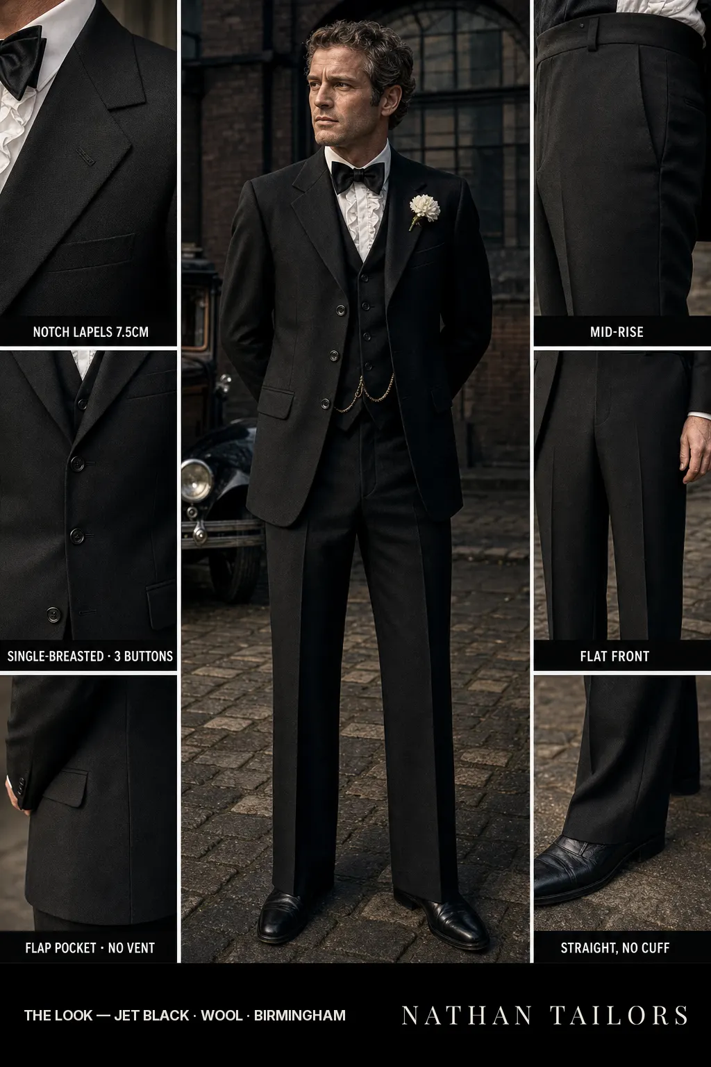 jet black herringbone single-breasted notch-lapel bespoke suit — AI-rendered by Nathan Tailors, the Hoi An custom tailor. Available as a custom tailored suit from $149.