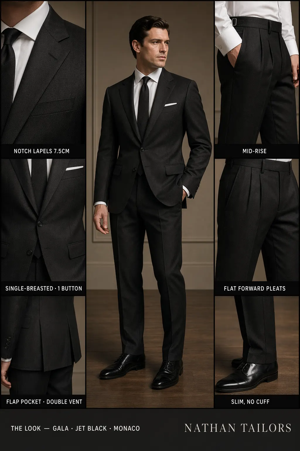 jet black herringbone single-breasted notch-lapel bespoke suit — AI-rendered by Nathan Tailors, the Hoi An custom tailor. Available as a custom tailored suit from $149.