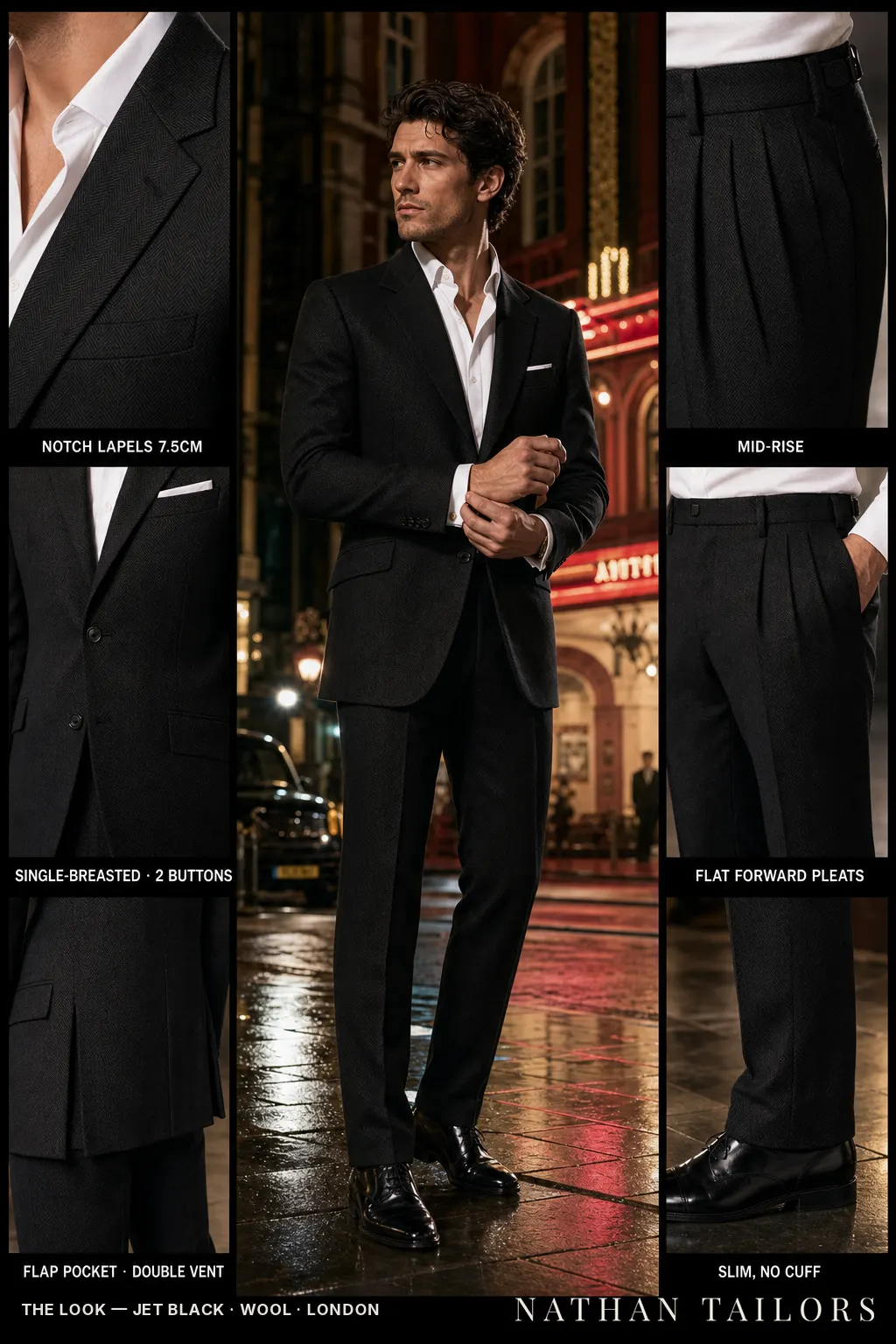 jet black herringbone single-breasted notch-lapel bespoke suit โ AI-rendered by Nathan Tailors, the Hoi An custom tailor. Available as a custom tailored suit from $149.