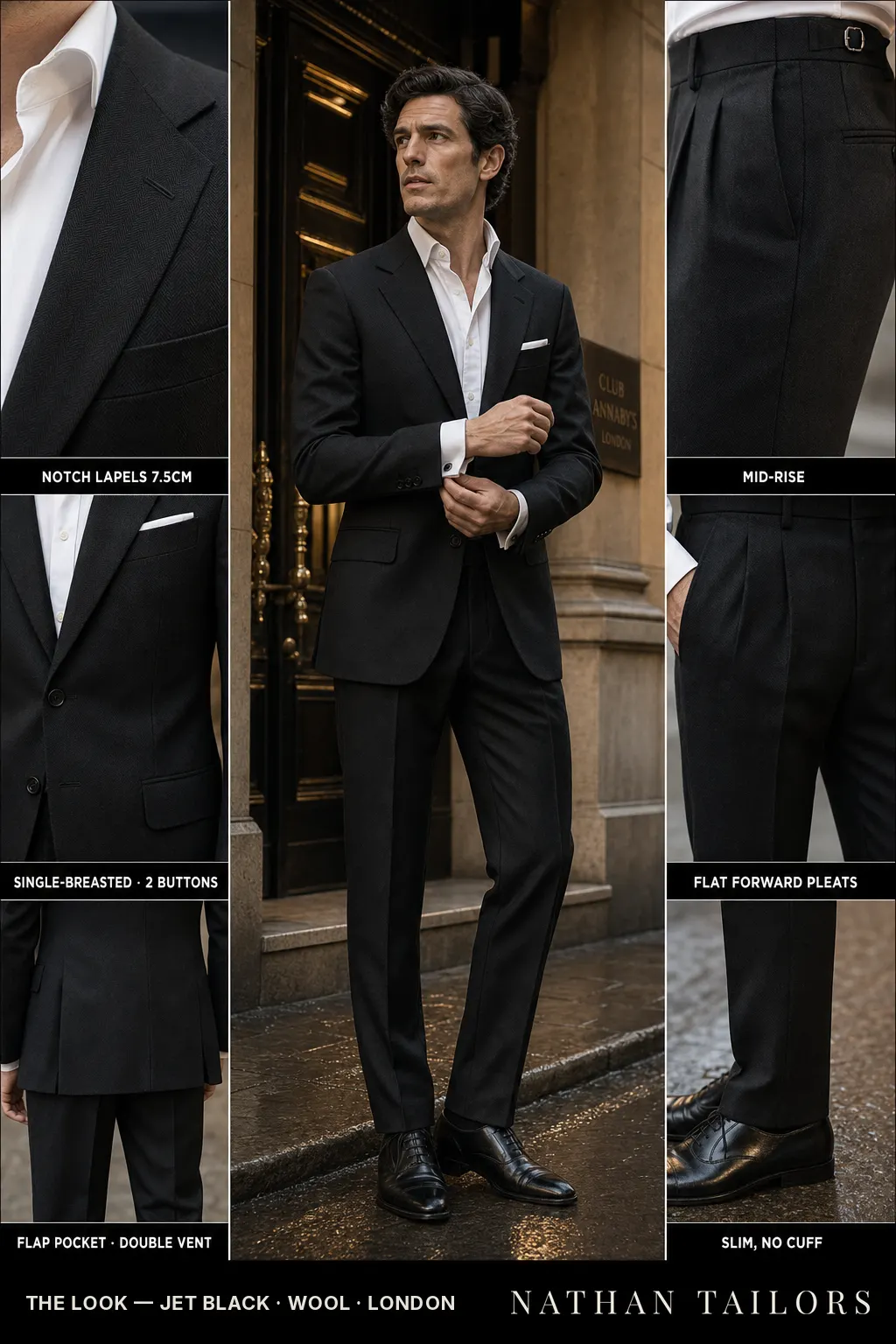 jet black herringbone single-breasted notch-lapel bespoke suit — AI-rendered by Nathan Tailors, the Hoi An custom tailor. Available as a custom tailored suit from $149.