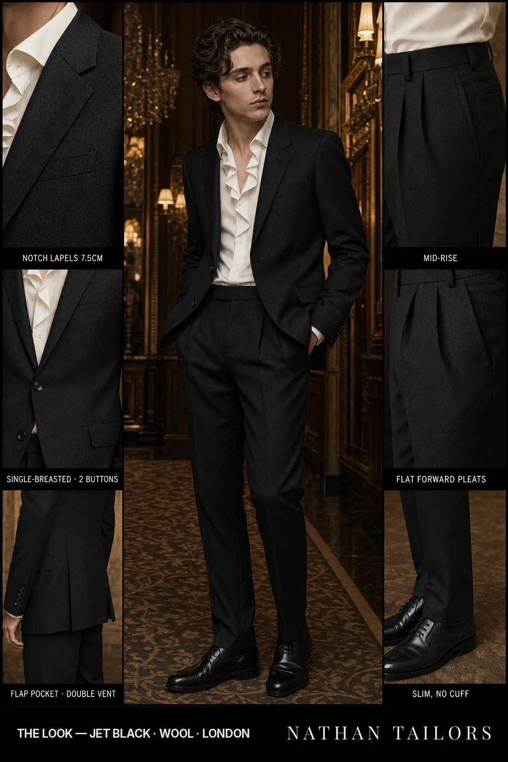 jet black herringbone single-breasted notch-lapel bespoke suit โ AI-rendered by Nathan Tailors, the Hoi An custom tailor. Available as a custom tailored suit from $149.