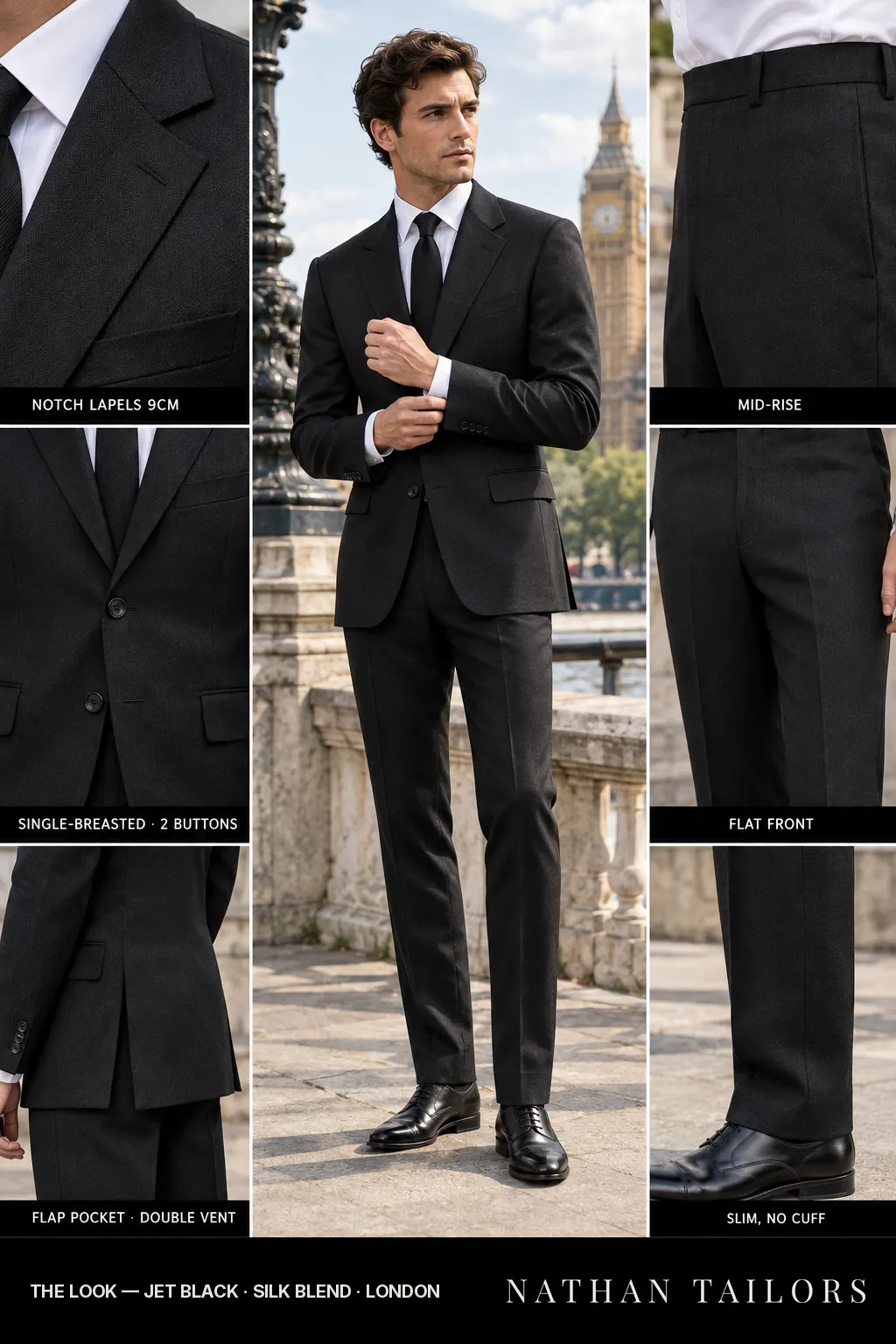 jet black herringbone single-breasted notch-lapel bespoke suit — AI-rendered by Nathan Tailors, the Hoi An custom tailor. Available as a custom tailored suit from $169.