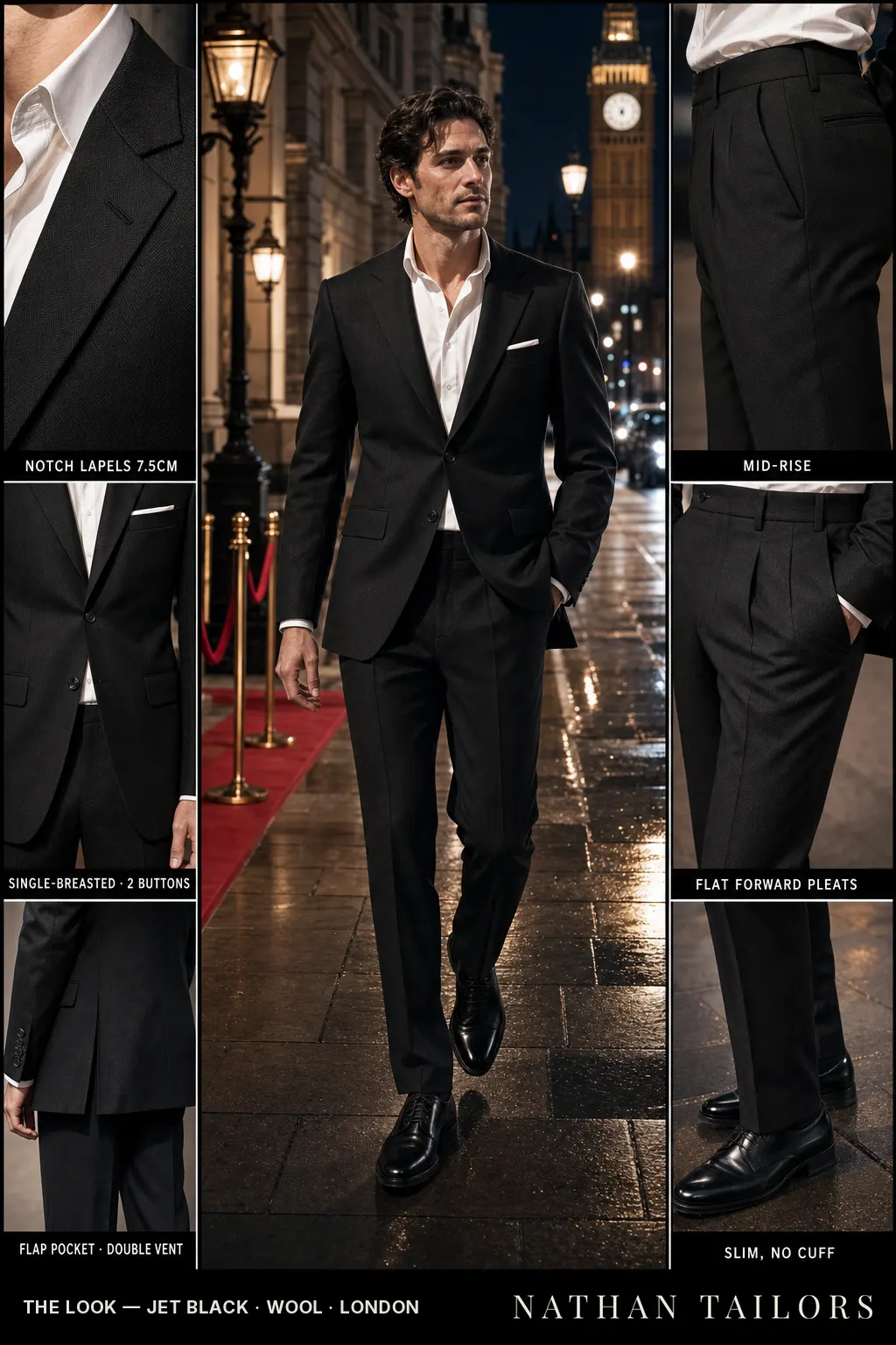 jet black herringbone single-breasted notch-lapel bespoke suit โ AI-rendered by Nathan Tailors, the Hoi An custom tailor. Available as a custom tailored suit from $149.
